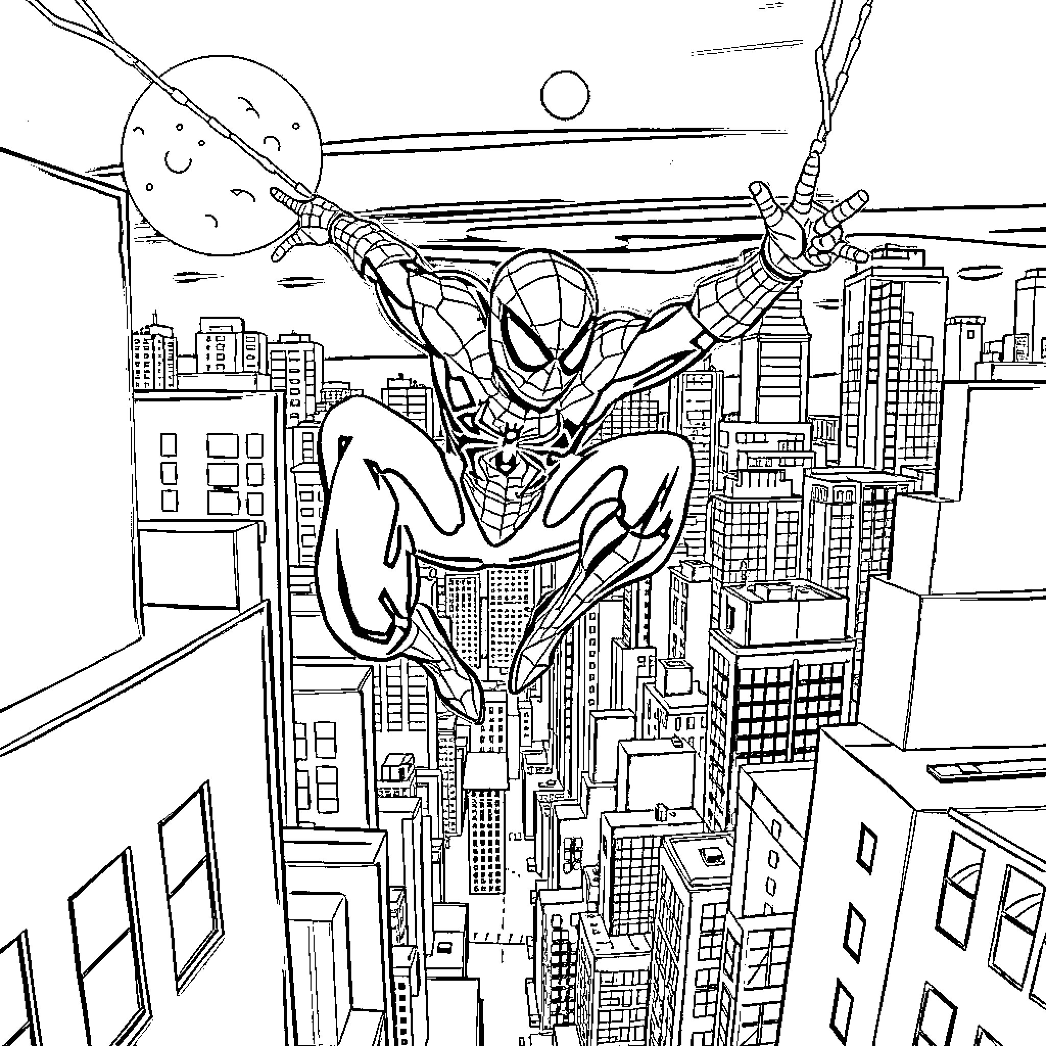 Spider-Man swinging through the cityscape Coloring Page (free black-and-white line drawing printable PDF for all, from beginners to advanced learners, including children, teens, adults, and seniors)