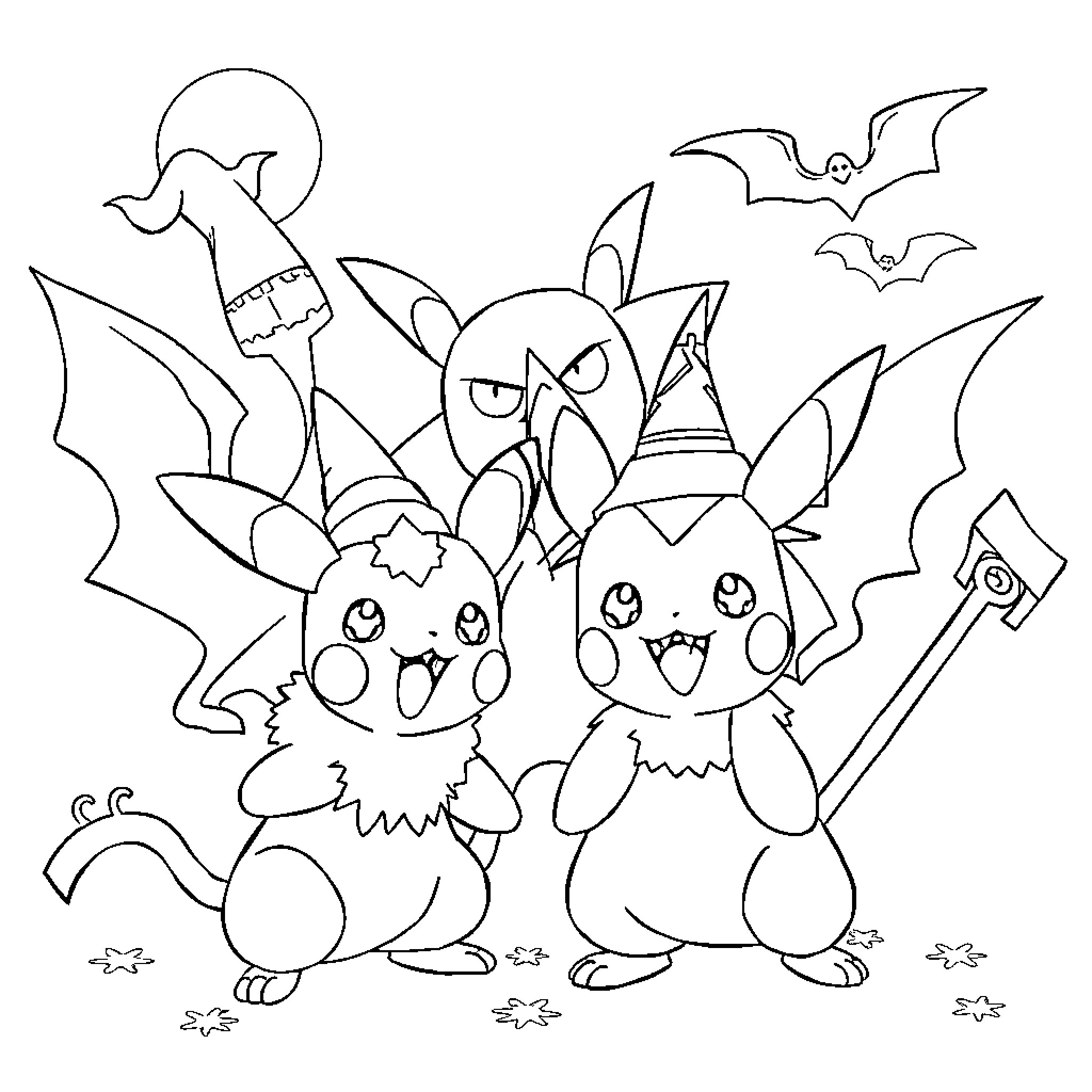 Pokémon Halloween Celebration with Pikachu Coloring Page (free black-and-white line drawing printable PDF for all, from beginners to advanced learners, including children, teens, adults, and seniors)