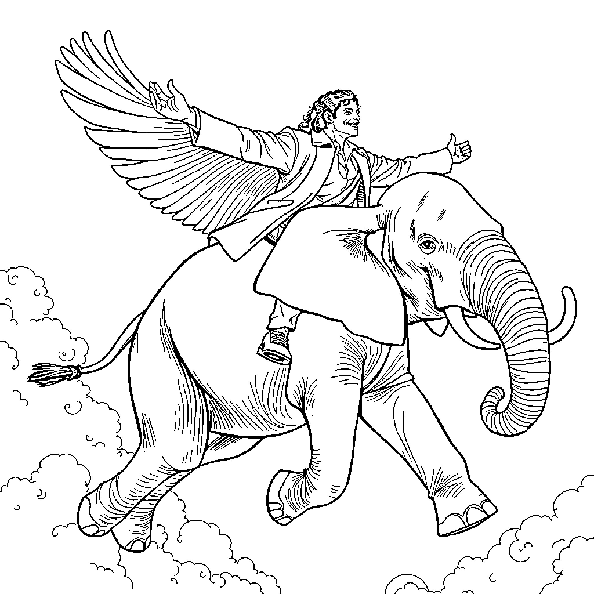 Elephant-mounted winged figure soaring above the clouds Coloring Page (free black-and-white line drawing printable PDF for all, from beginners to advanced learners, including children, teens, adults, and seniors)