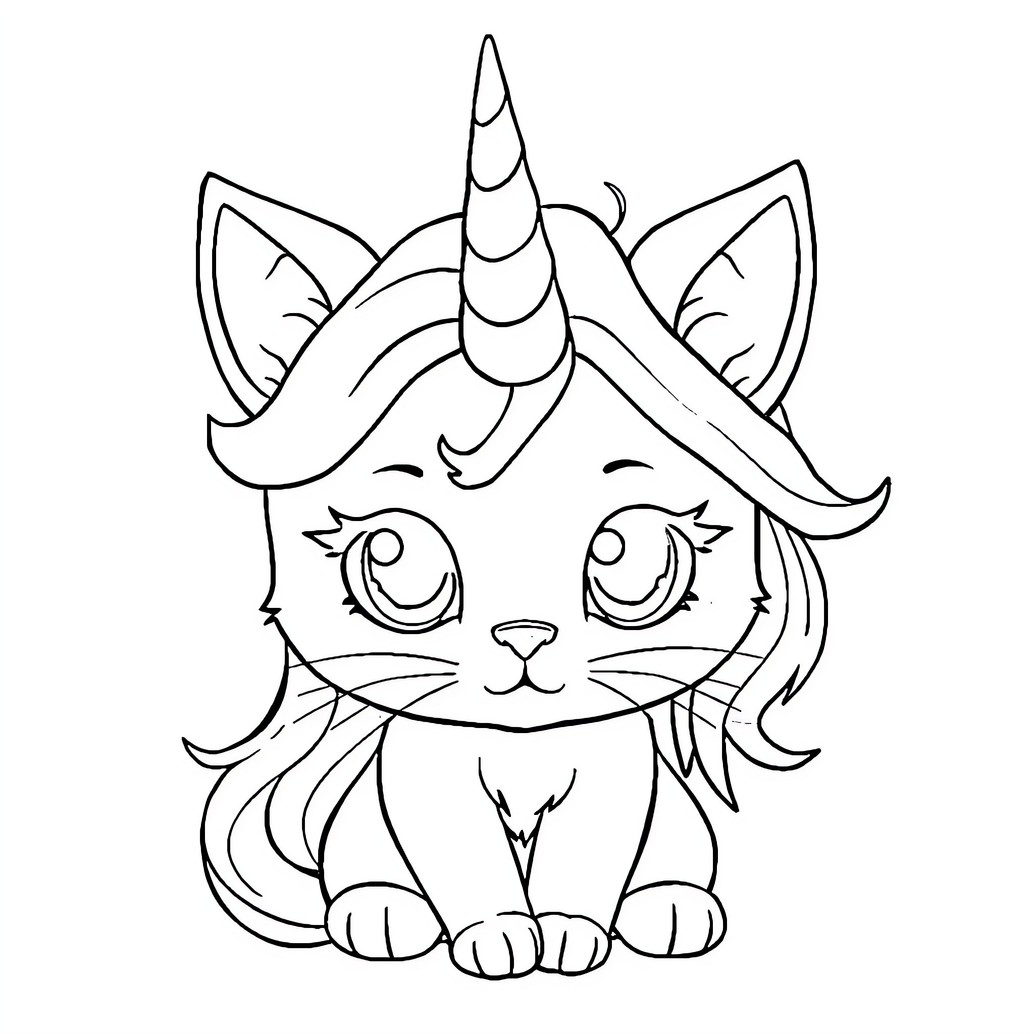 Unicorn Cat with Magical Horn and Adorable Expression Coloring Page (free black-and-white line drawing printable PDF for all, from beginners to advanced learners, including children, teens, adults, and seniors)