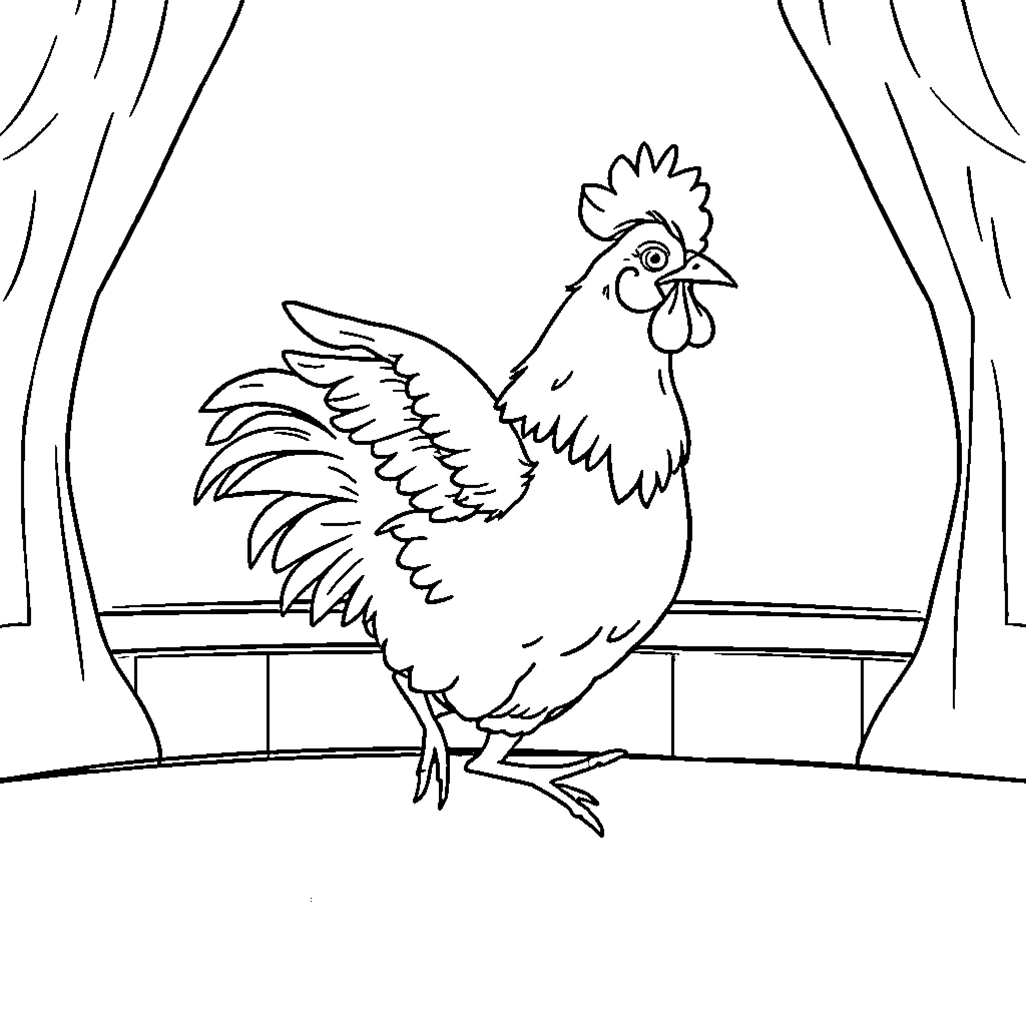 Chicken standing on a perch in a room Coloring Page (free black-and-white line drawing printable PDF for all, from beginners to advanced learners, including children, teens, adults, and seniors)