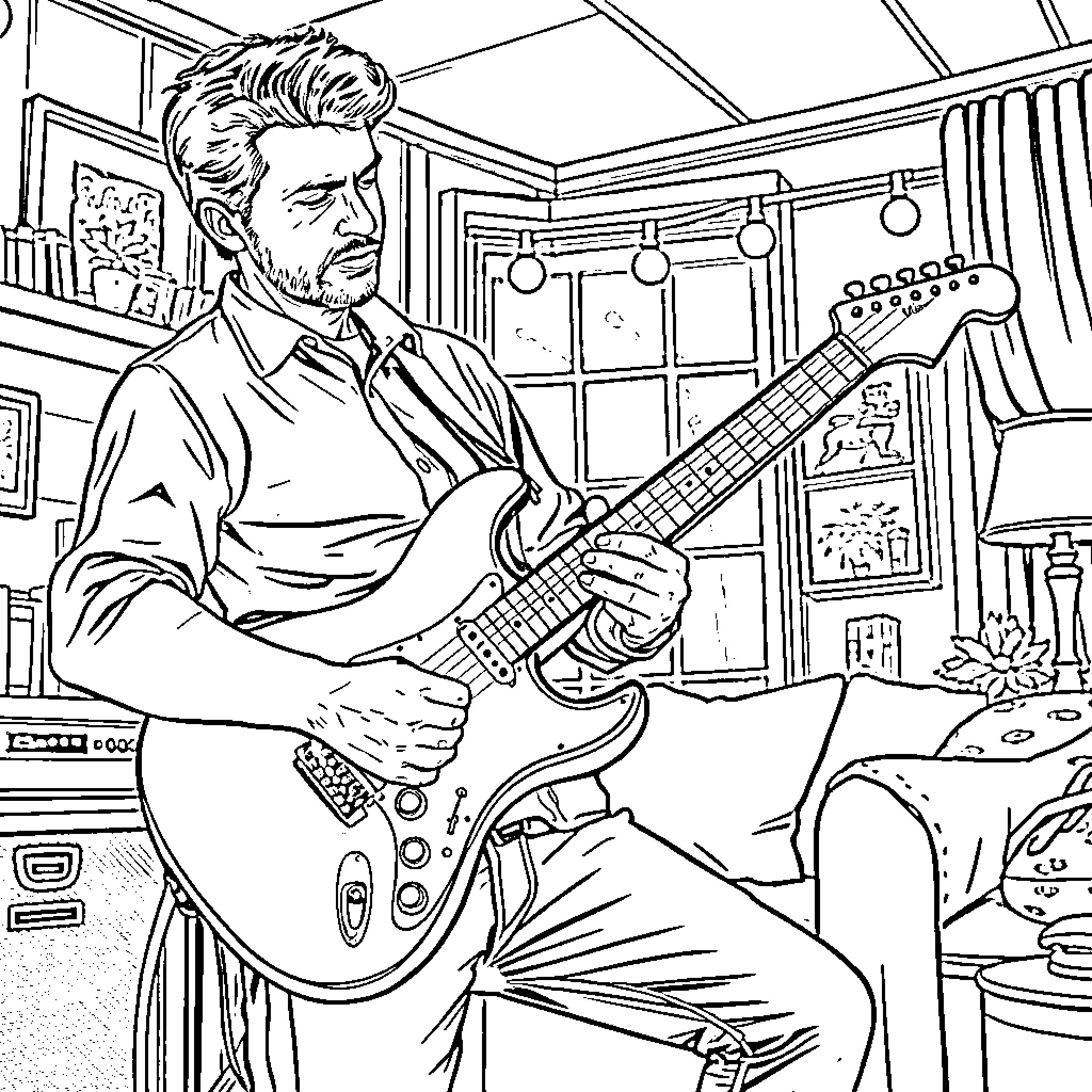Man playing guitar in an intimate setting Coloring Page (free black-and-white line drawing printable PDF for all, from beginners to advanced learners, including children, teens, adults, and seniors)