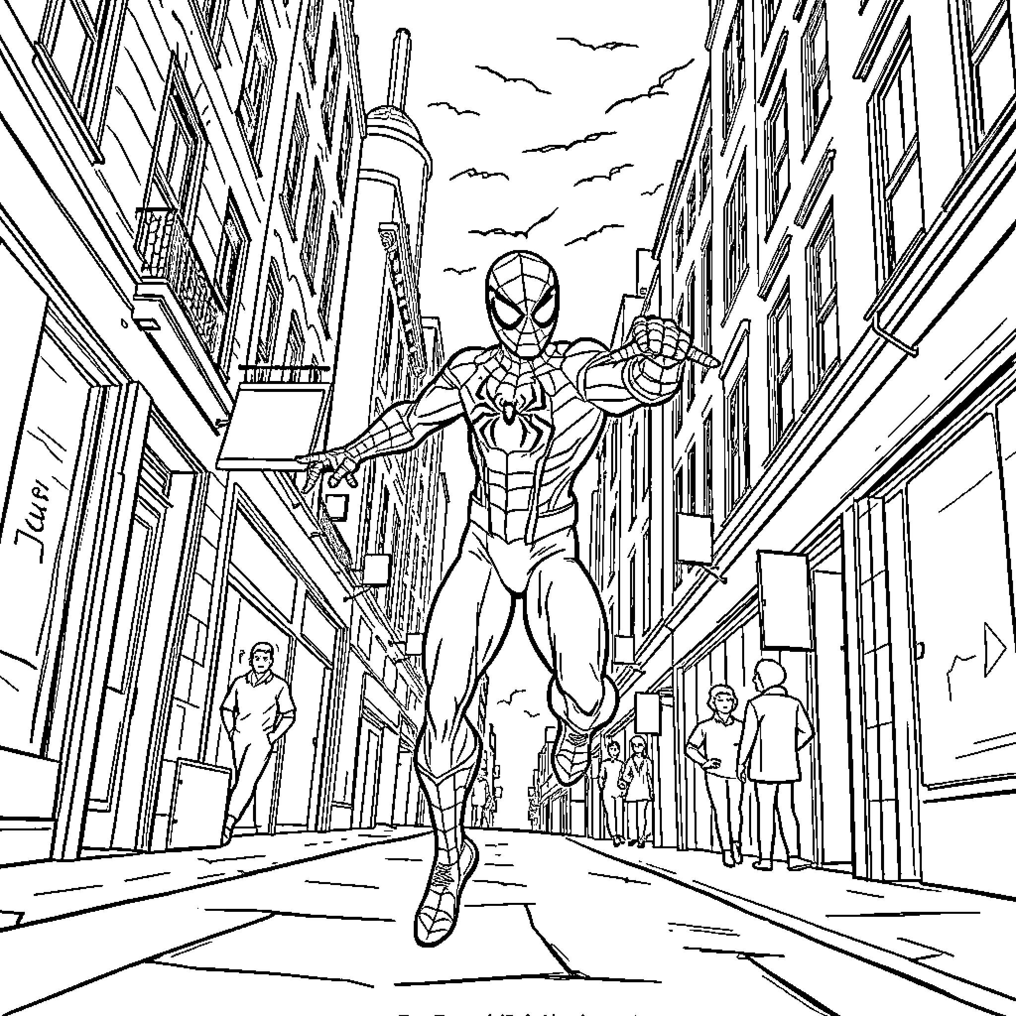 Ruben the Superhero Swinging Through the City Coloring Page (free black-and-white line drawing printable PDF for all, from beginners to advanced learners, including children, teens, adults, and seniors)