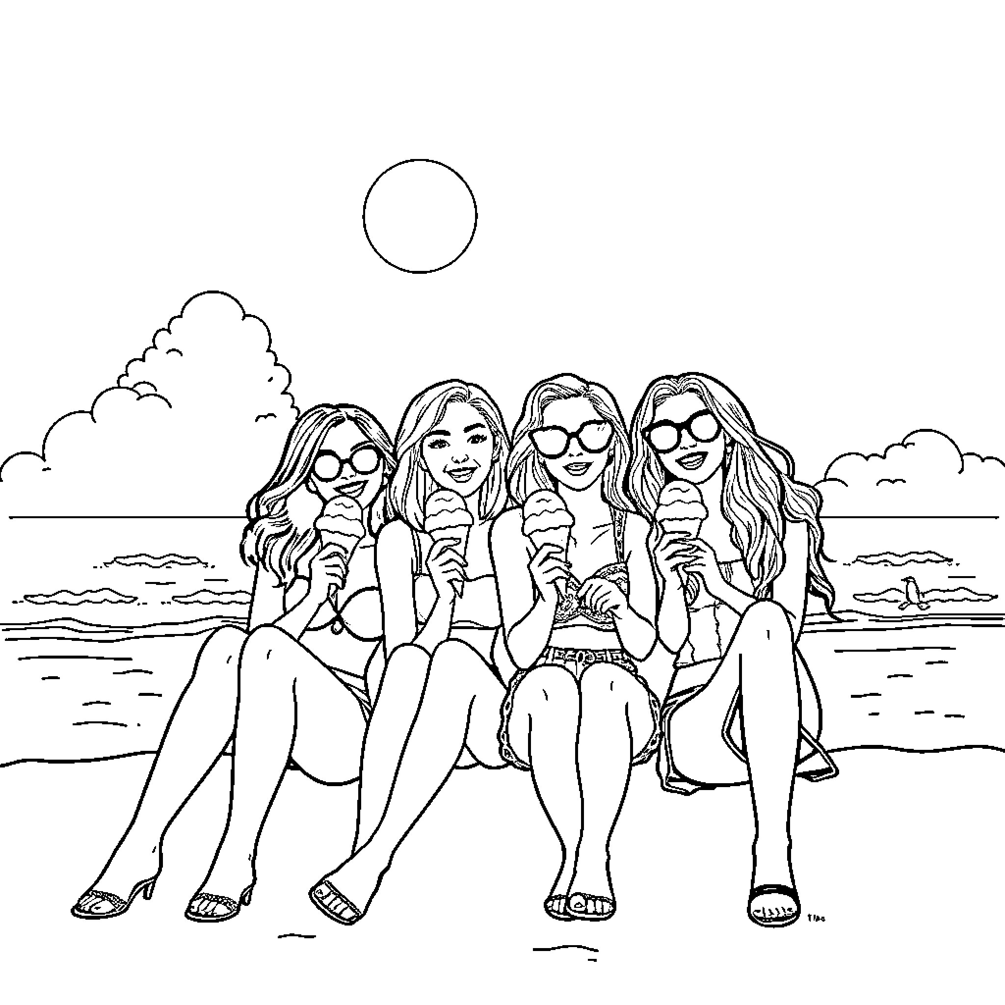 Little Mix enjoying a sunny beach day Coloring Page (free black-and-white line drawing printable PDF for all, from beginners to advanced learners, including children, teens, adults, and seniors)
