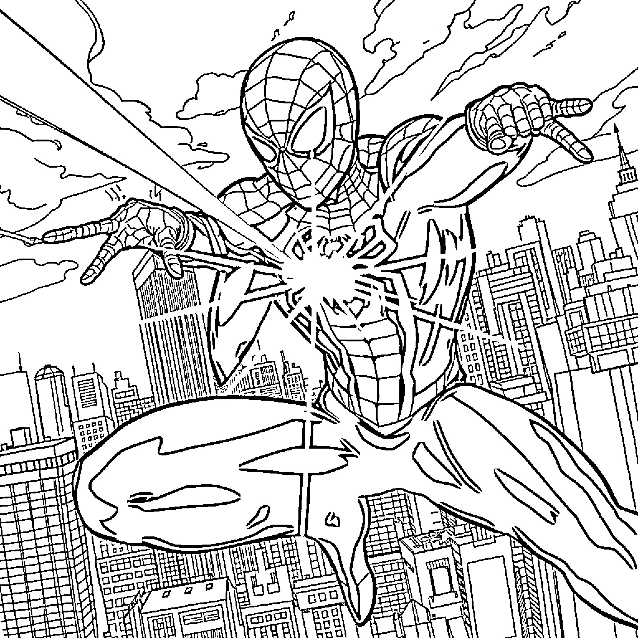 Spiderman heroically swinging through the city skyline Coloring Page (free black-and-white line drawing printable PDF for all, from beginners to advanced learners, including children, teens, adults, and seniors)