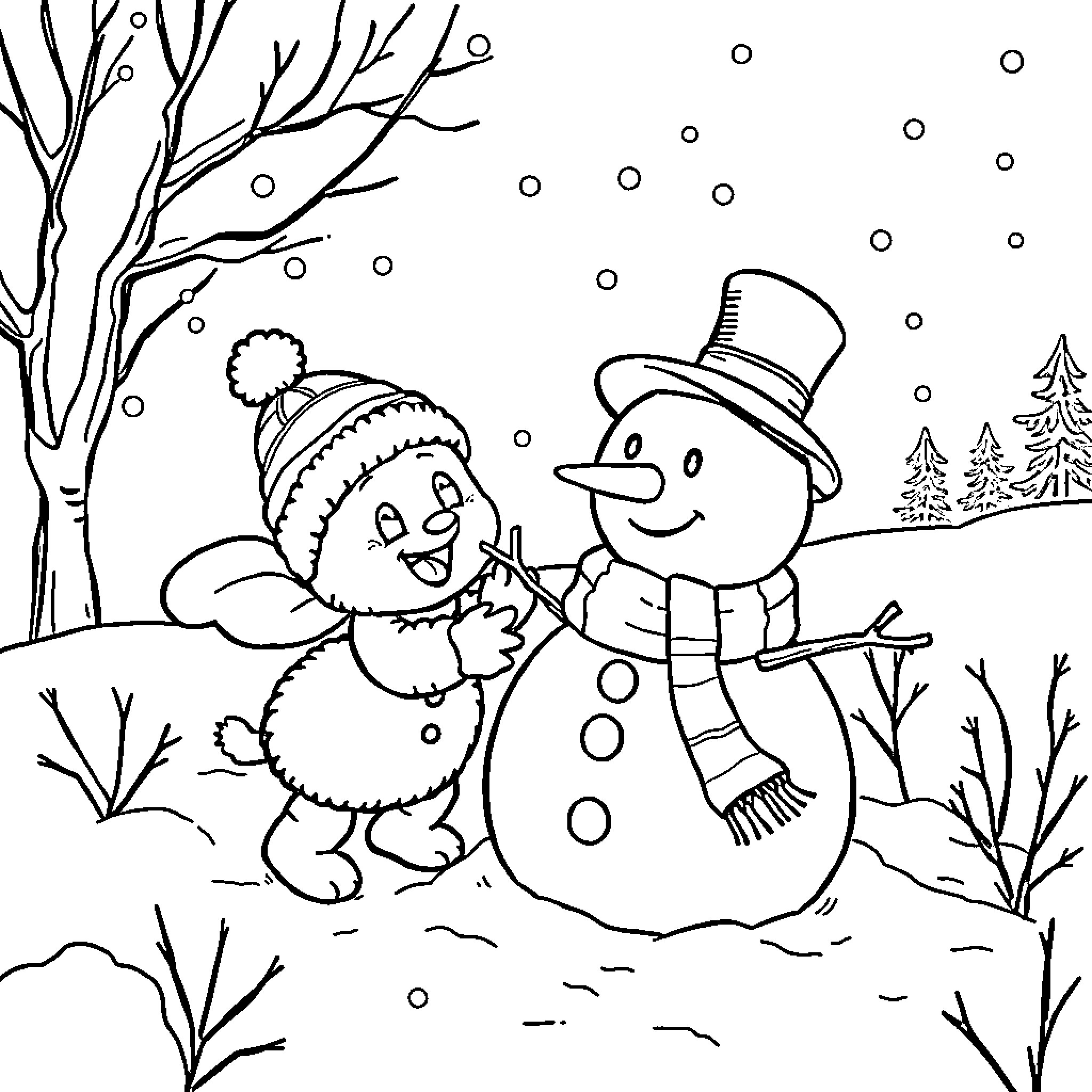 Snowman friends playing in the snowy winter landscape Coloring Page (free black-and-white line drawing printable PDF for all, from beginners to advanced learners, including children, teens, adults, and seniors)