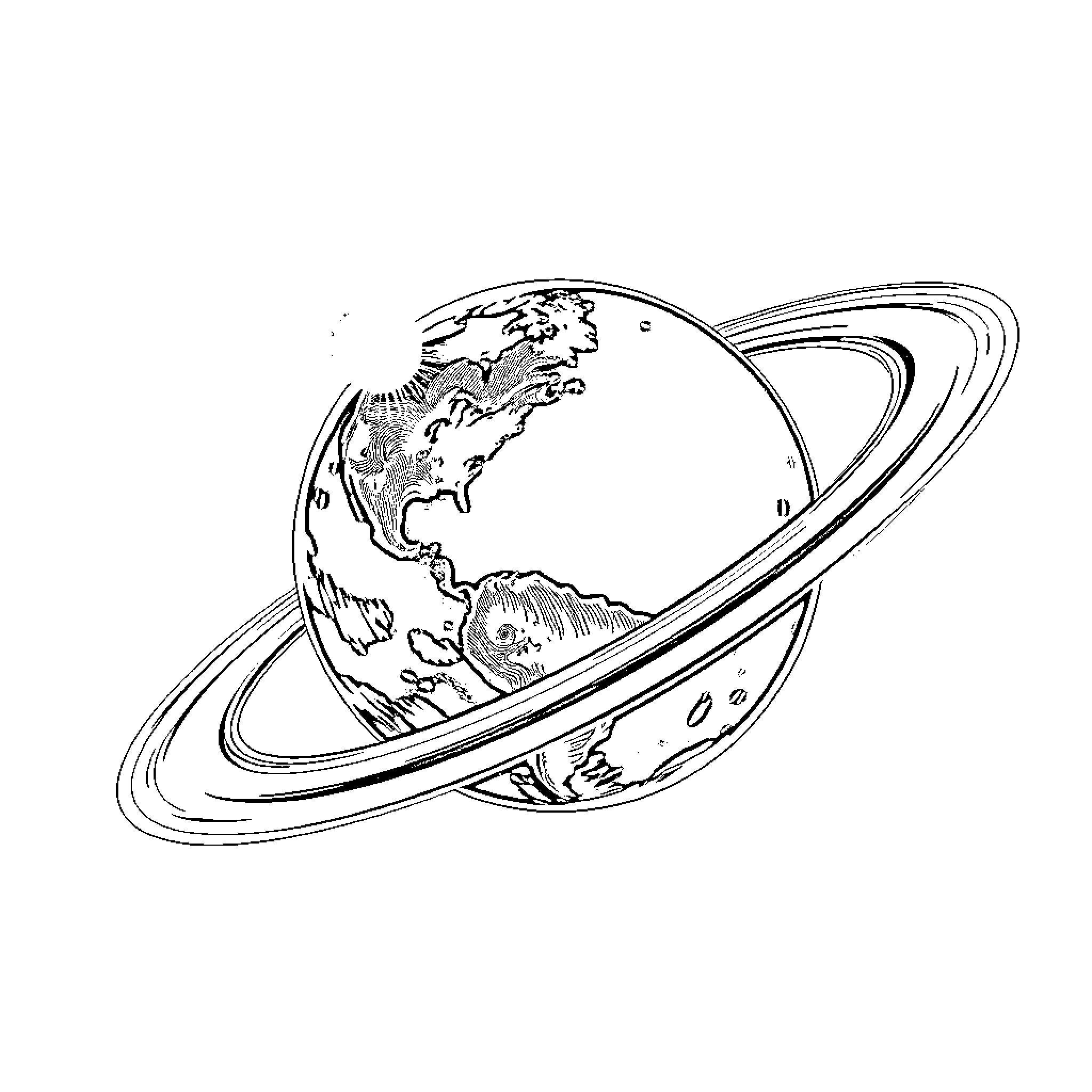 Earth surrounded by rings in space Coloring Page (free black-and-white line drawing printable PDF for all, from beginners to advanced learners, including children, teens, adults, and seniors)
