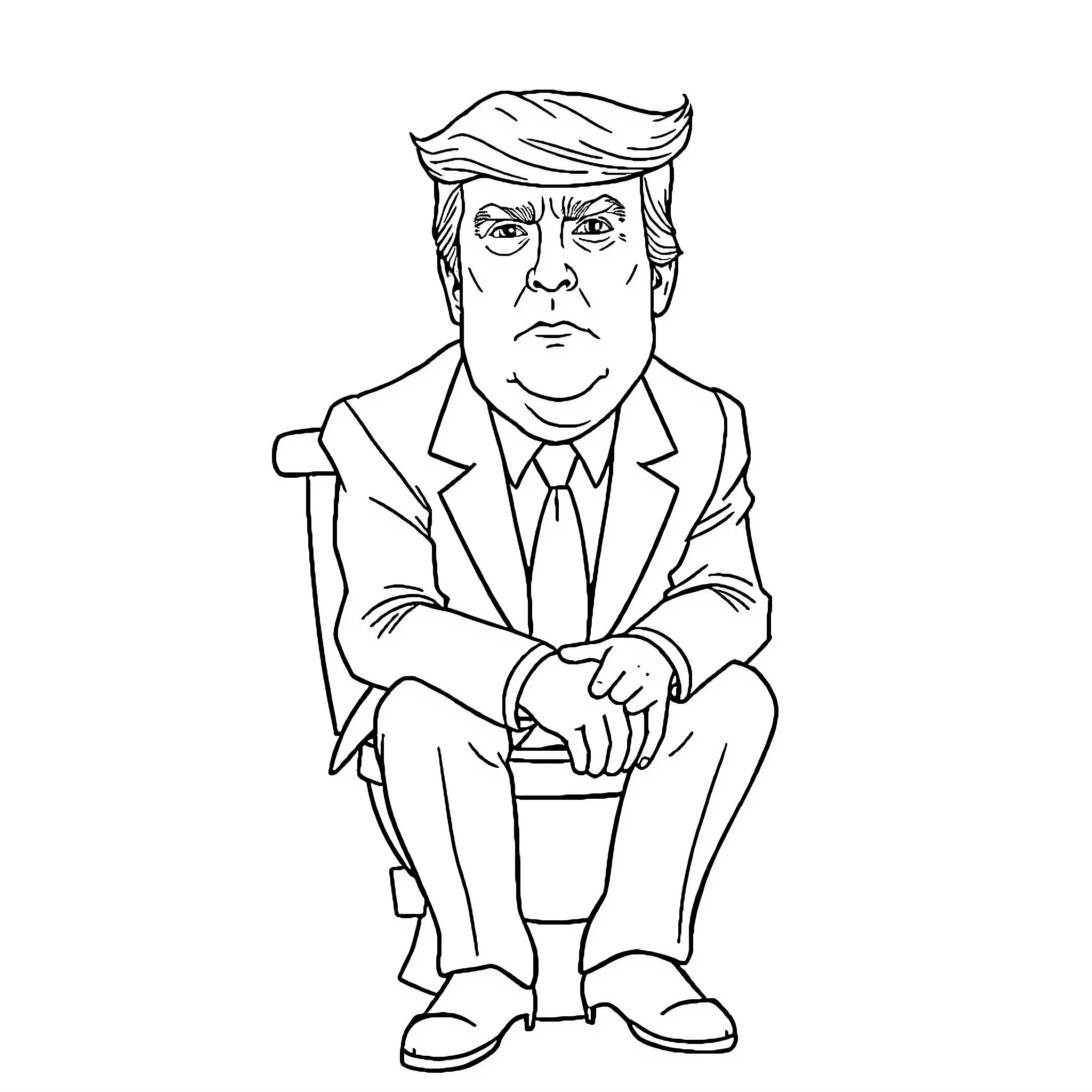 Donald Trump sitting in thoughtful pose Coloring Page (free black-and-white line drawing printable PDF for all, from beginners to advanced learners, including children, teens, adults, and seniors)