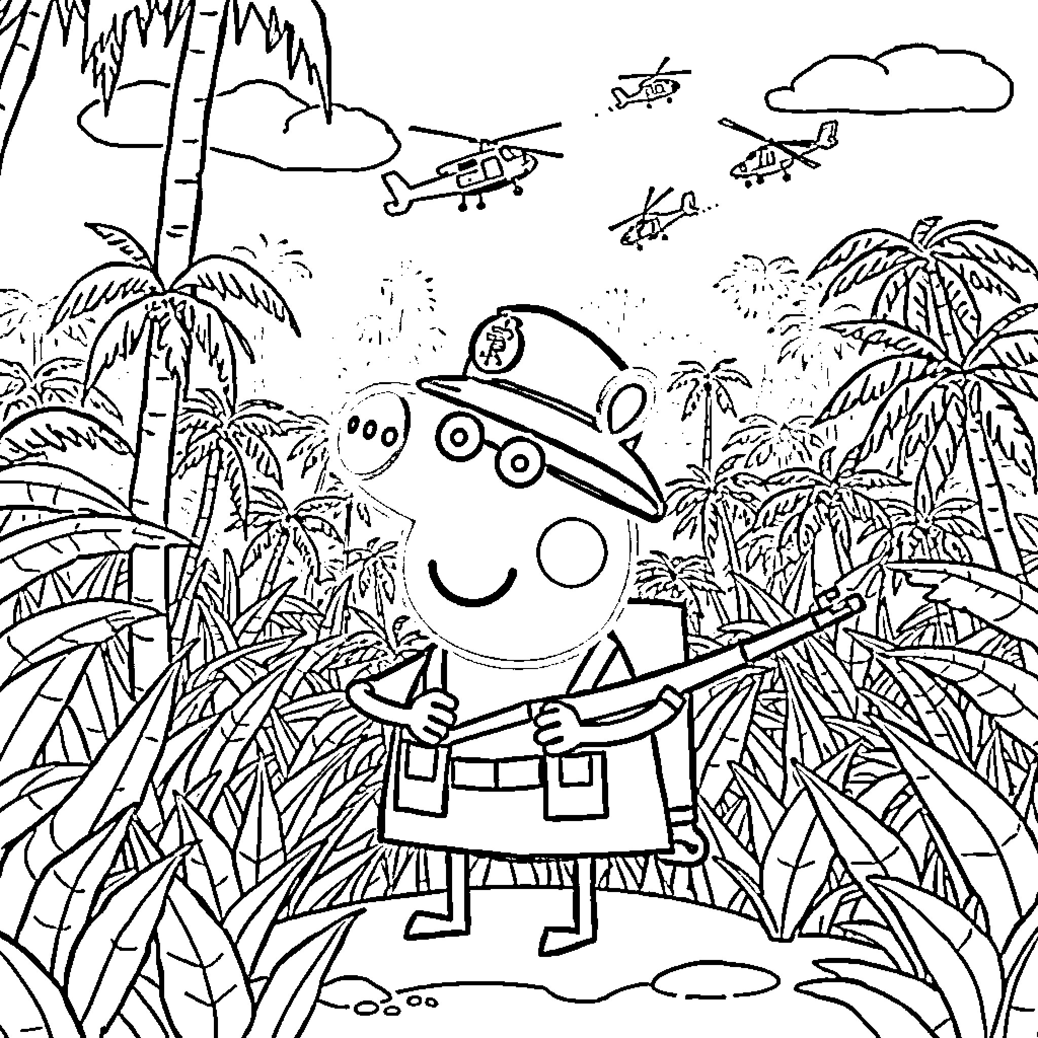 Peppa Pig's Adventure in the Jungle Coloring Page (free black-and-white line drawing printable PDF for all, from beginners to advanced learners, including children, teens, adults, and seniors)