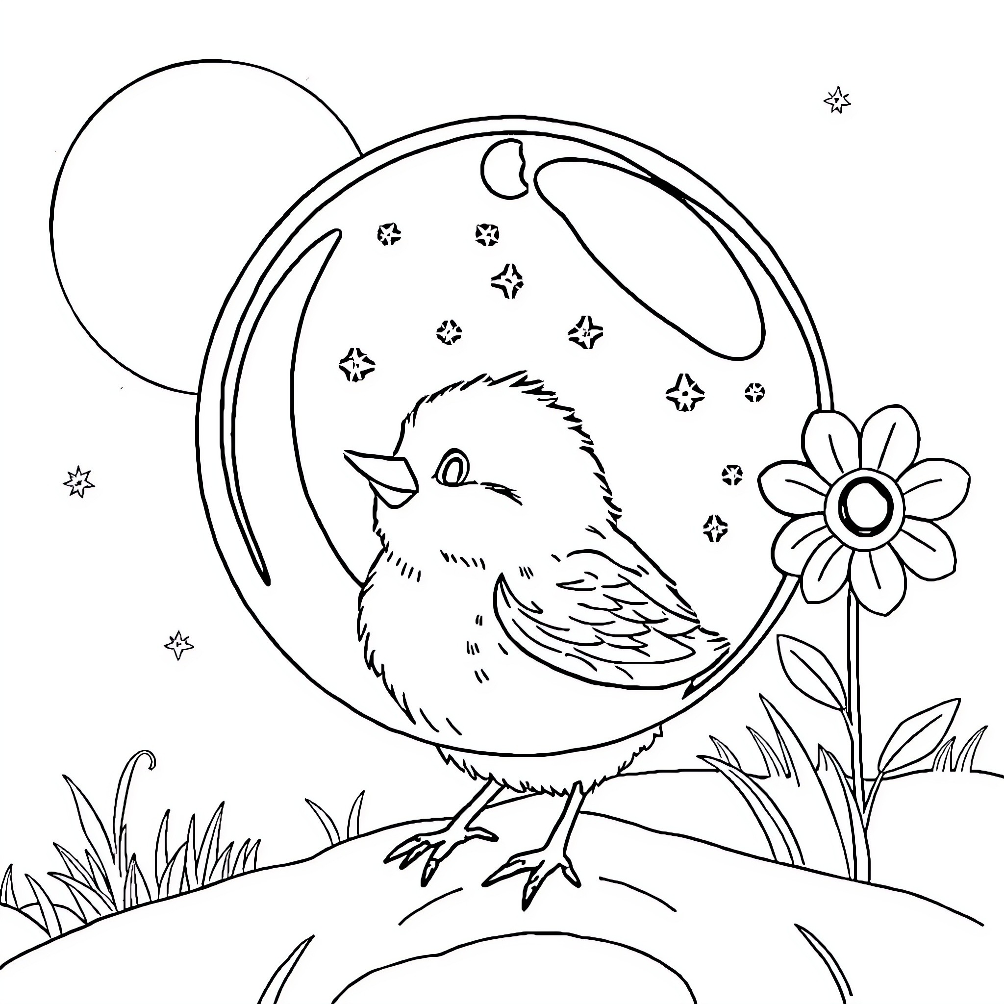 Girl with a Playful Bird and Blooming Flower Coloring Page (free black-and-white line drawing printable PDF for all, from beginners to advanced learners, including children, teens, adults, and seniors)
