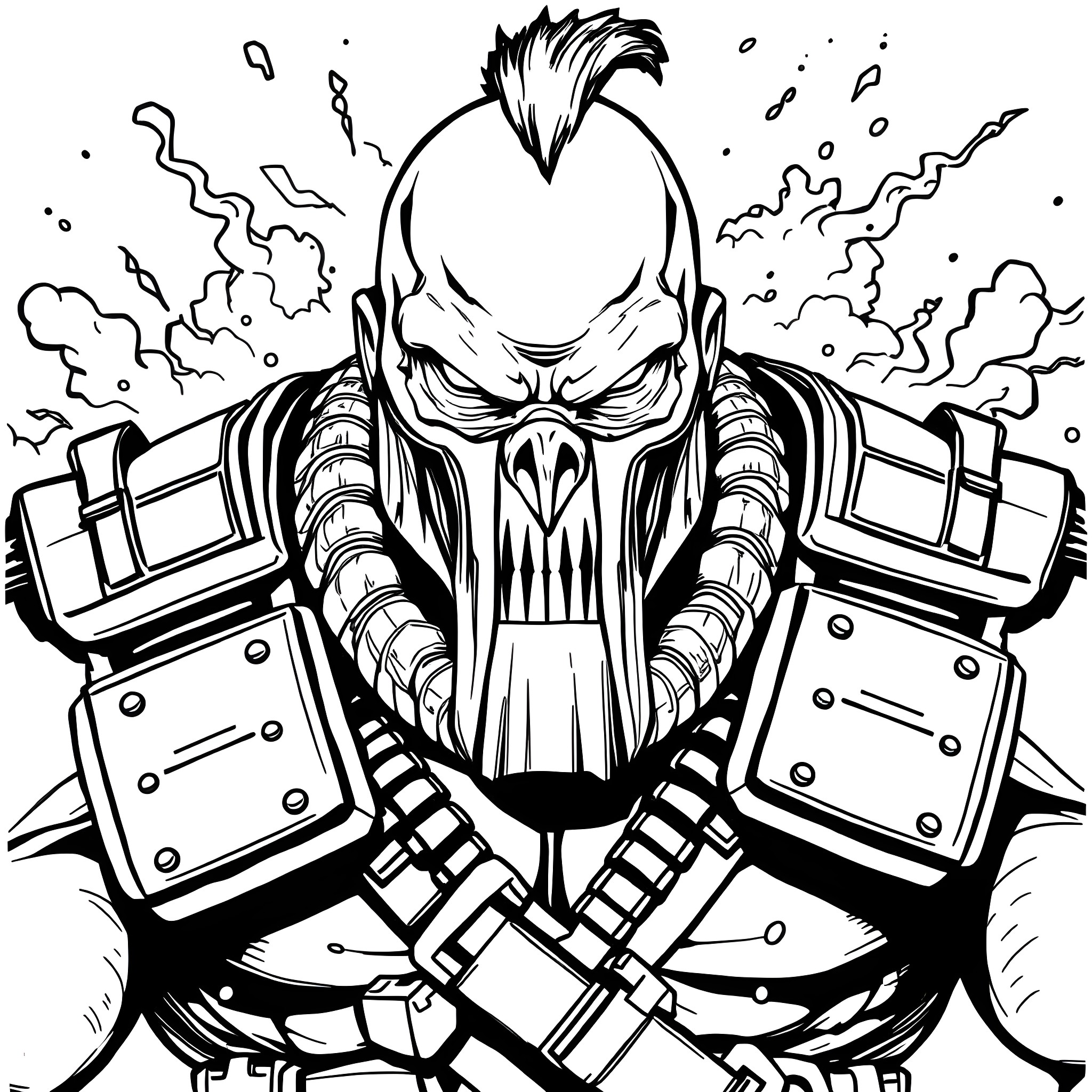 Nuke-powered warrior in action Coloring Page (free black-and-white line drawing printable PDF for all, from beginners to advanced learners, including children, teens, adults, and seniors)