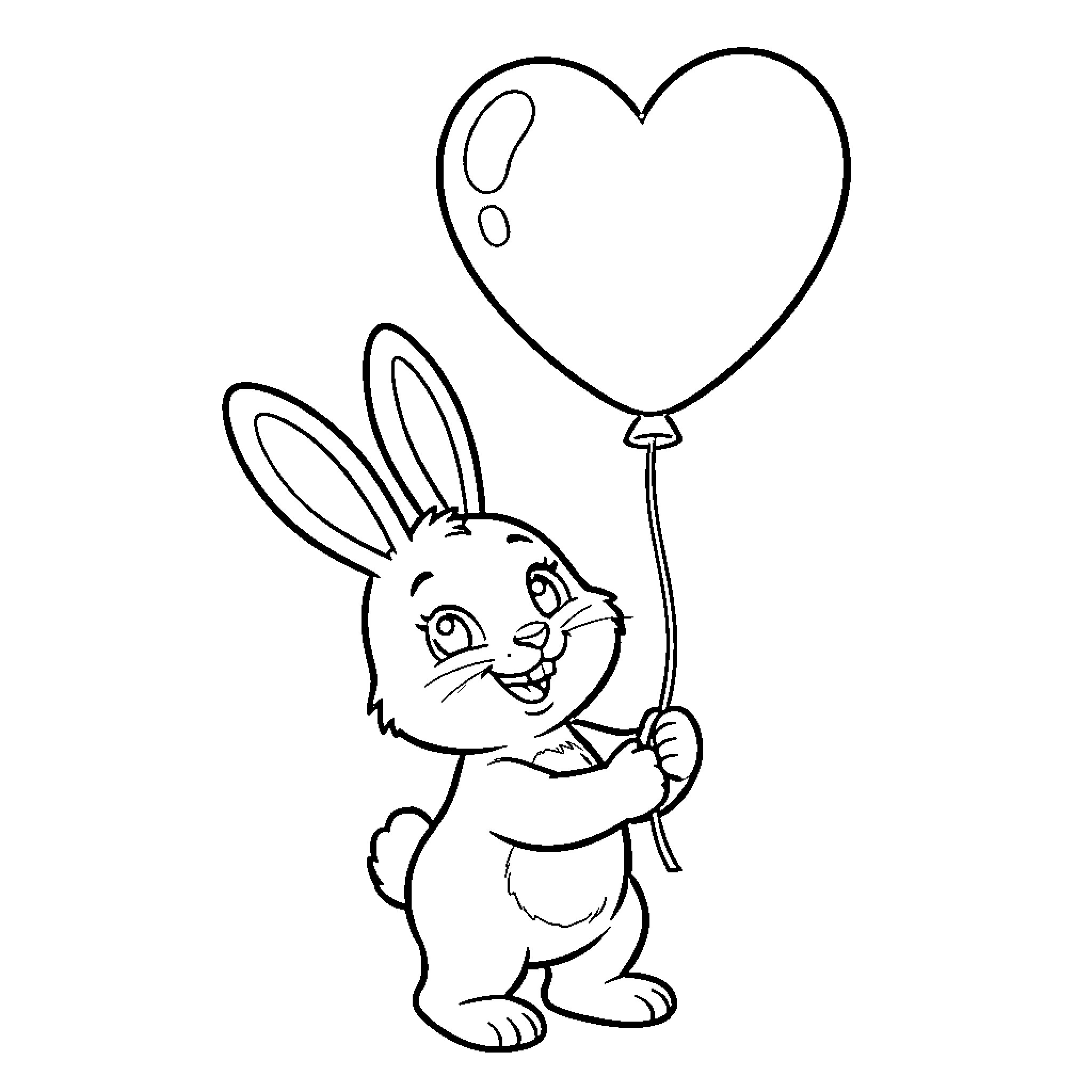 Bunny holding a heart-shaped balloon Coloring Page (free black-and-white line drawing printable PDF for all, from beginners to advanced learners, including children, teens, adults, and seniors)