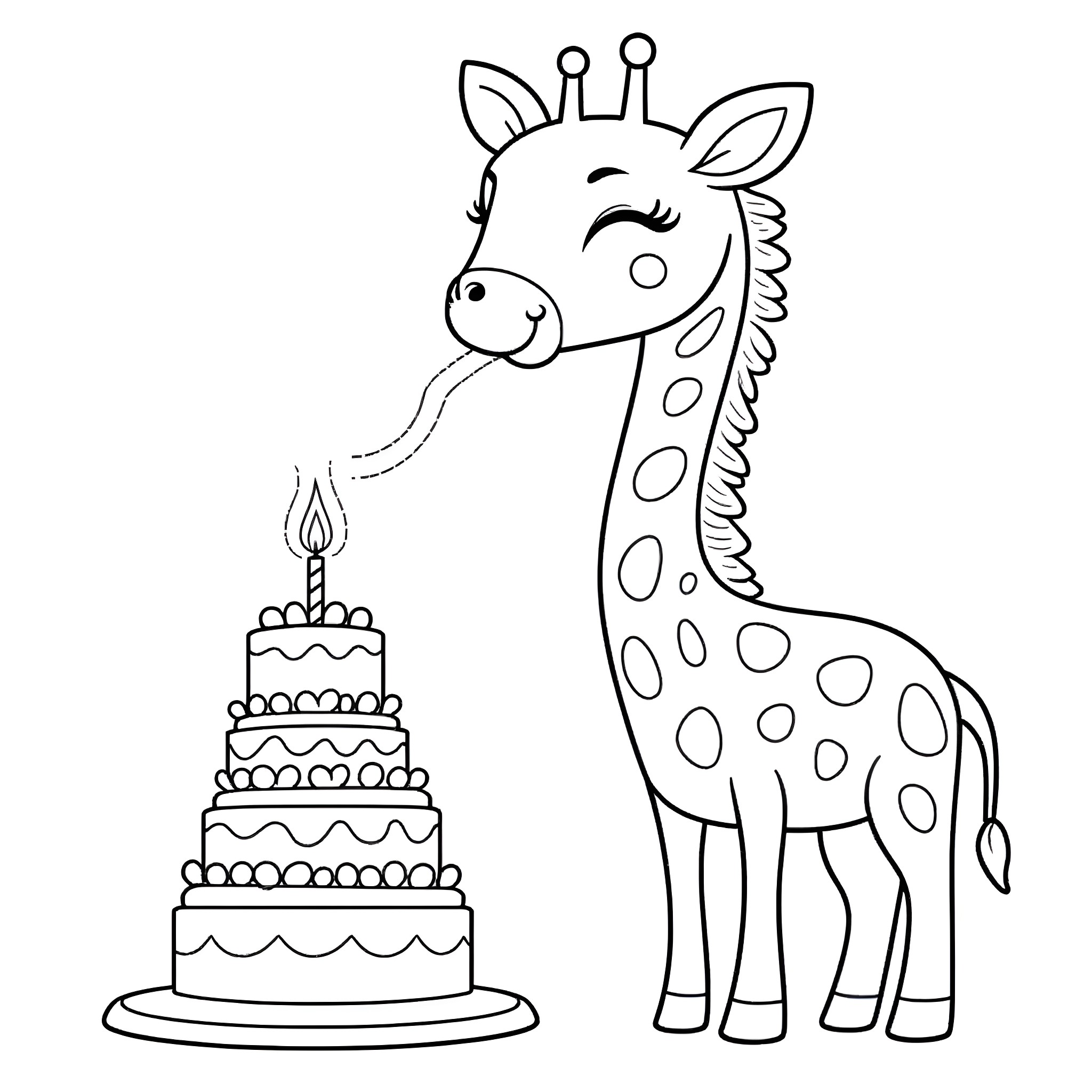 Giraffe celebrating birthday with cake Coloring Page (free black-and-white line drawing printable PDF for all, from beginners to advanced learners, including children, teens, adults, and seniors)