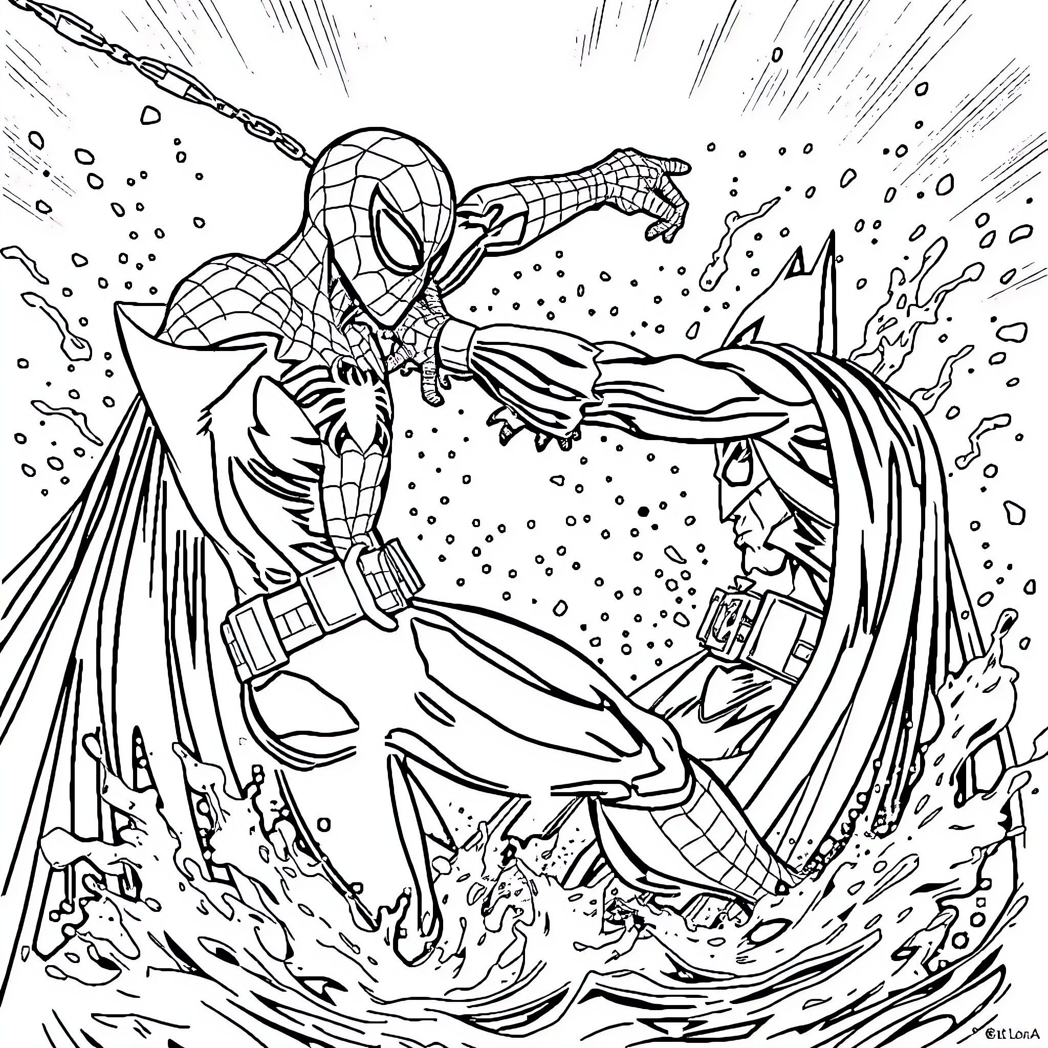 Spiderman battling a fearsome foe in an action-packed scene Coloring Page (free black-and-white line drawing printable PDF for all, from beginners to advanced learners, including children, teens, adults, and seniors)