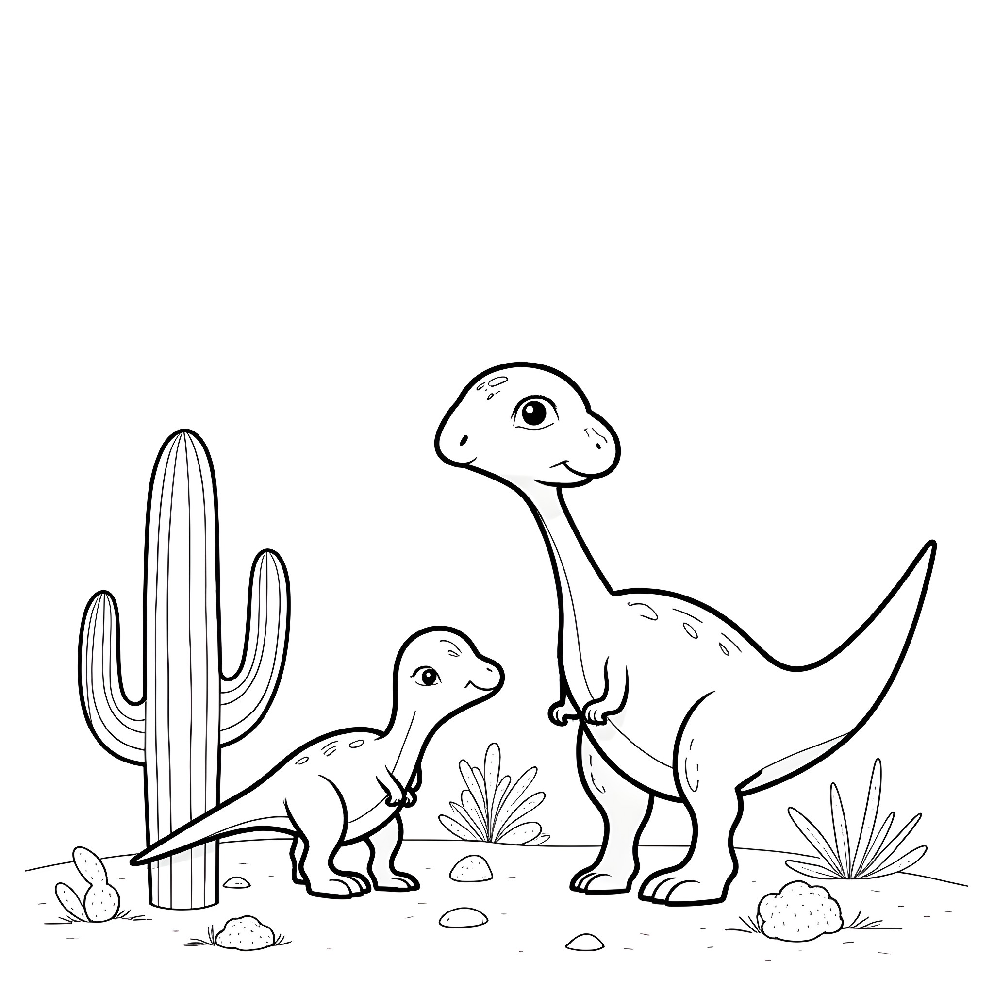 Dinosaurs exploring the desert landscape Coloring Page (free black-and-white line drawing printable PDF for all, from beginners to advanced learners, including children, teens, adults, and seniors)