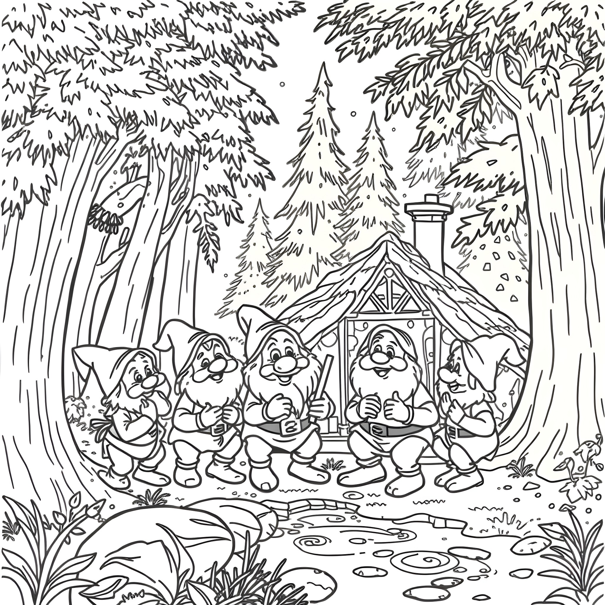 Dwarf cottage in the enchanted forest Coloring Page (free black-and-white line drawing printable PDF for all, from beginners to advanced learners, including children, teens, adults, and seniors)