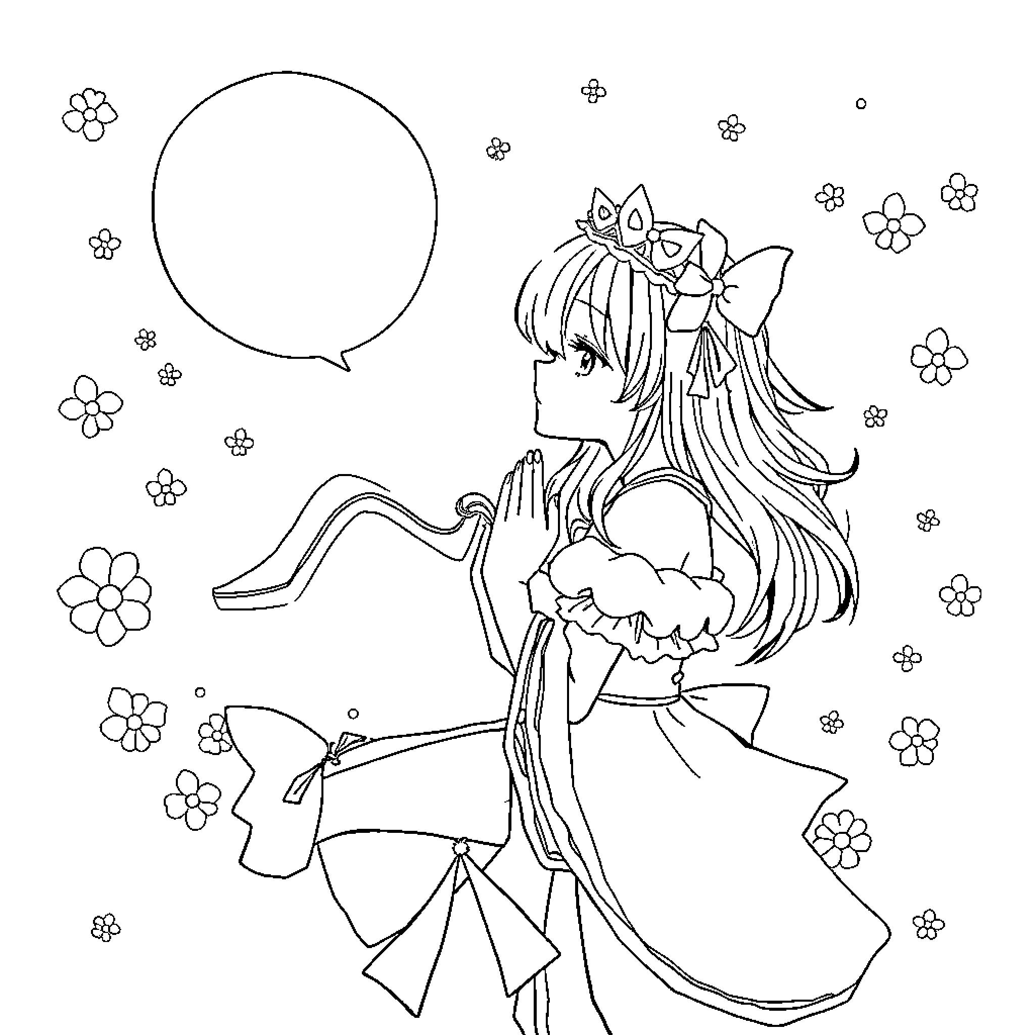 Kamisama Kiss: Playful Anime Girl in Elegant Dress Coloring Page (free black-and-white line drawing printable PDF for all, from beginners to advanced learners, including children, teens, adults, and seniors)