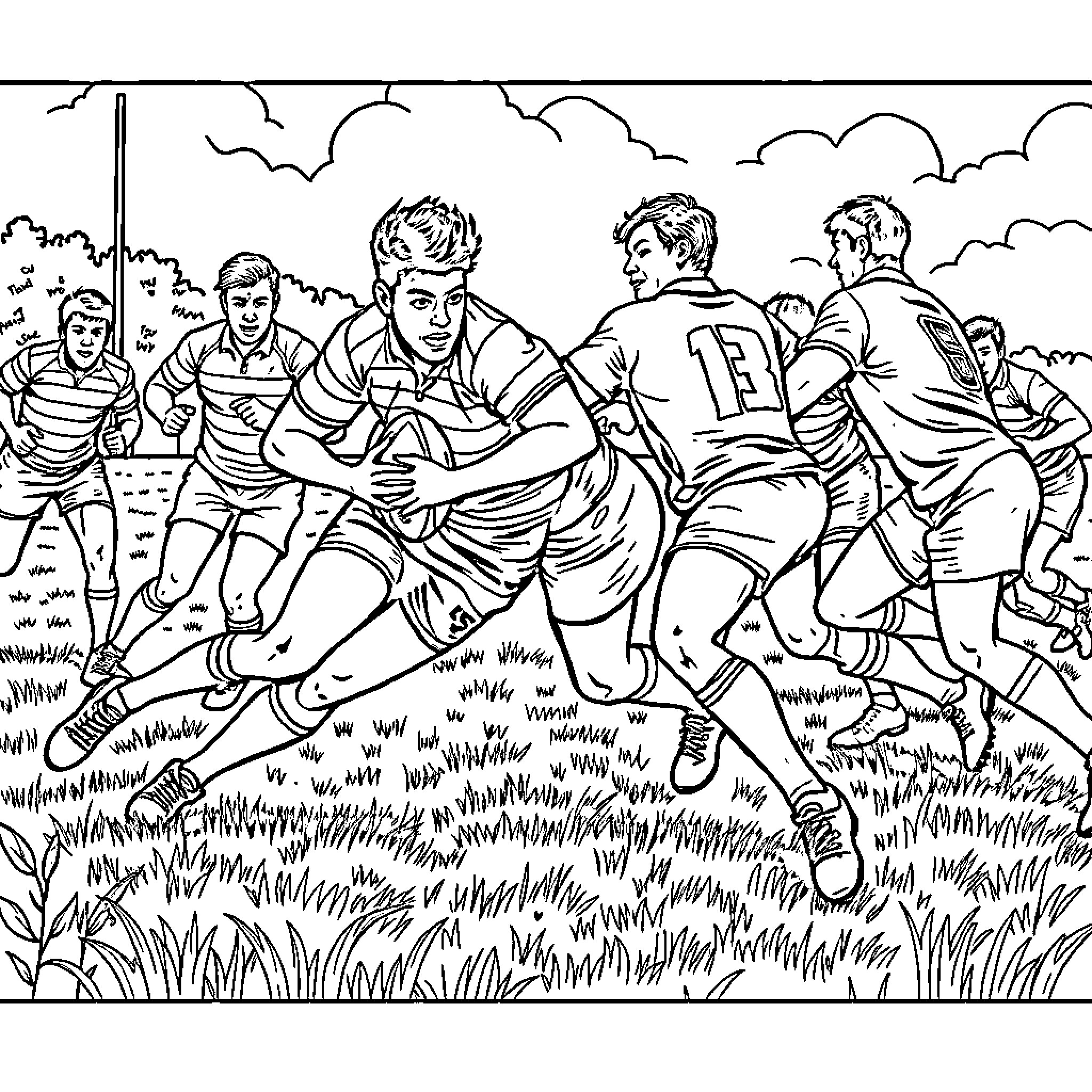 Rugby Players in an Intense Match on the Field Coloring Page (free black-and-white line drawing printable PDF for all, from beginners to advanced learners, including children, teens, adults, and seniors)