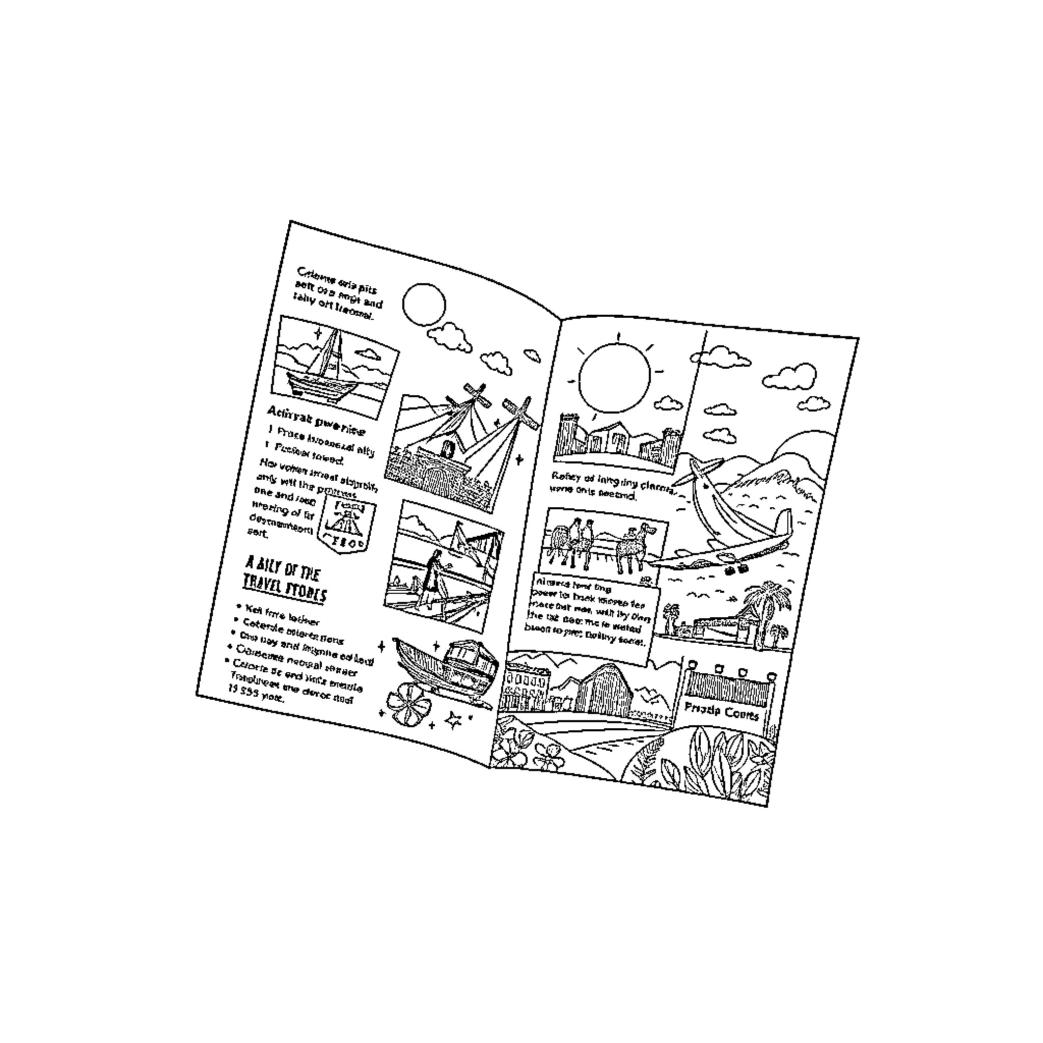 Brochure showcasing various outdoor activities and scenery Coloring Page (free black-and-white line drawing printable PDF for all, from beginners to advanced learners, including children, teens, adults, and seniors)