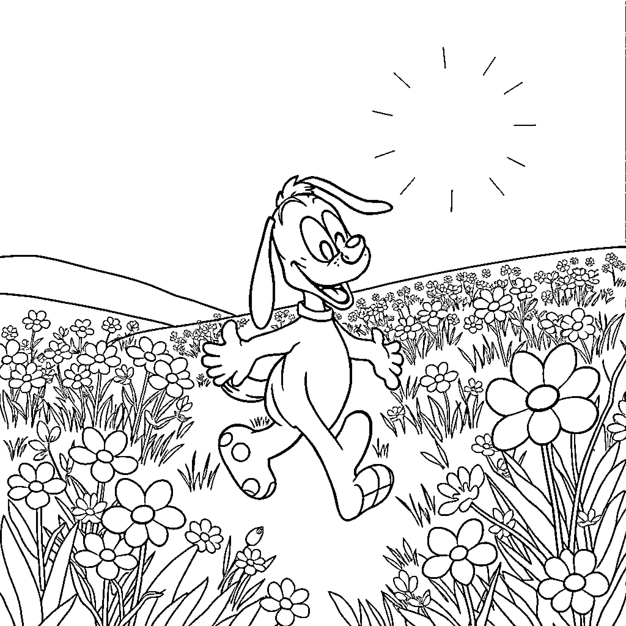 Pluto joyfully exploring a flower-filled landscape Coloring Page (free black-and-white line drawing printable PDF for all, from beginners to advanced learners, including children, teens, adults, and seniors)