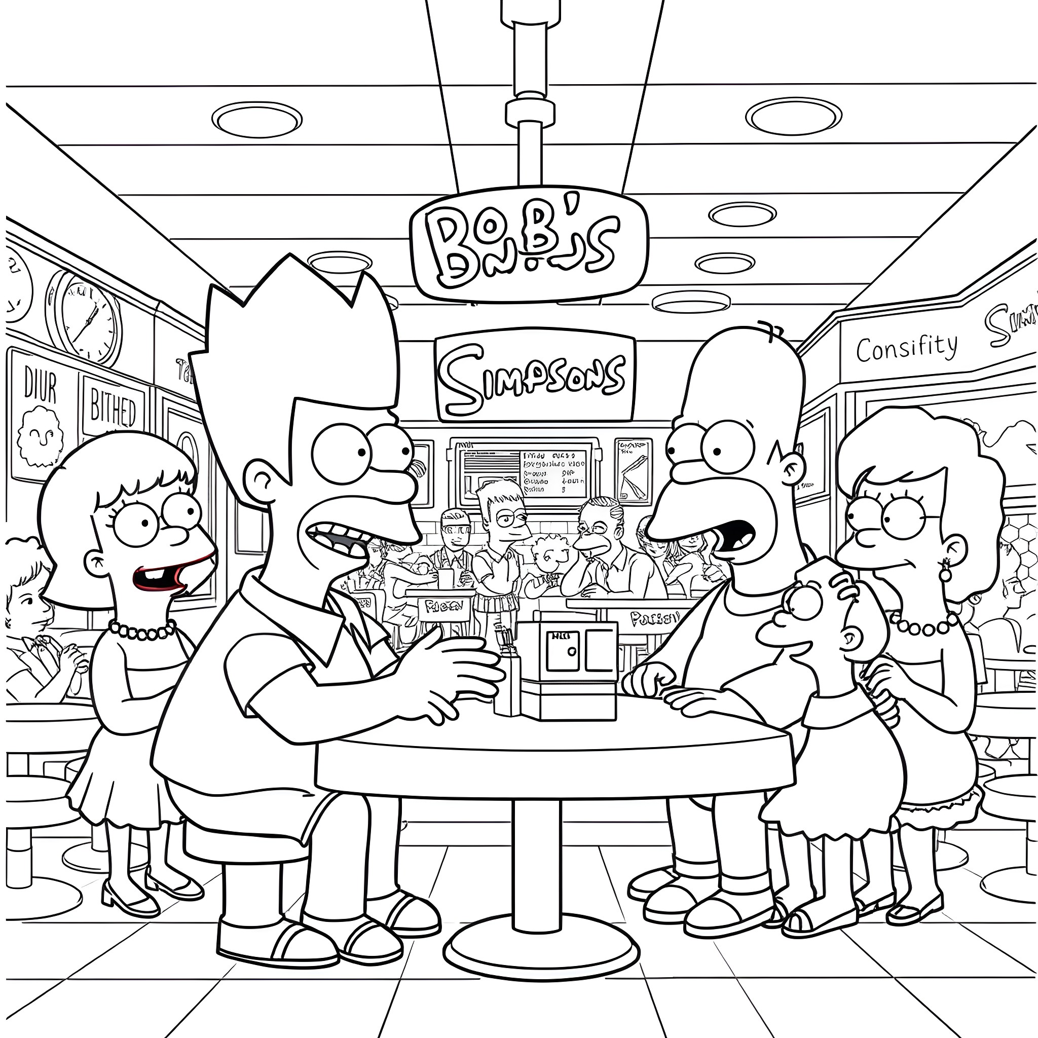 Bob's Burgers characters in animated chaos Coloring Page (free black-and-white line drawing printable PDF for all, from beginners to advanced learners, including children, teens, adults, and seniors)
