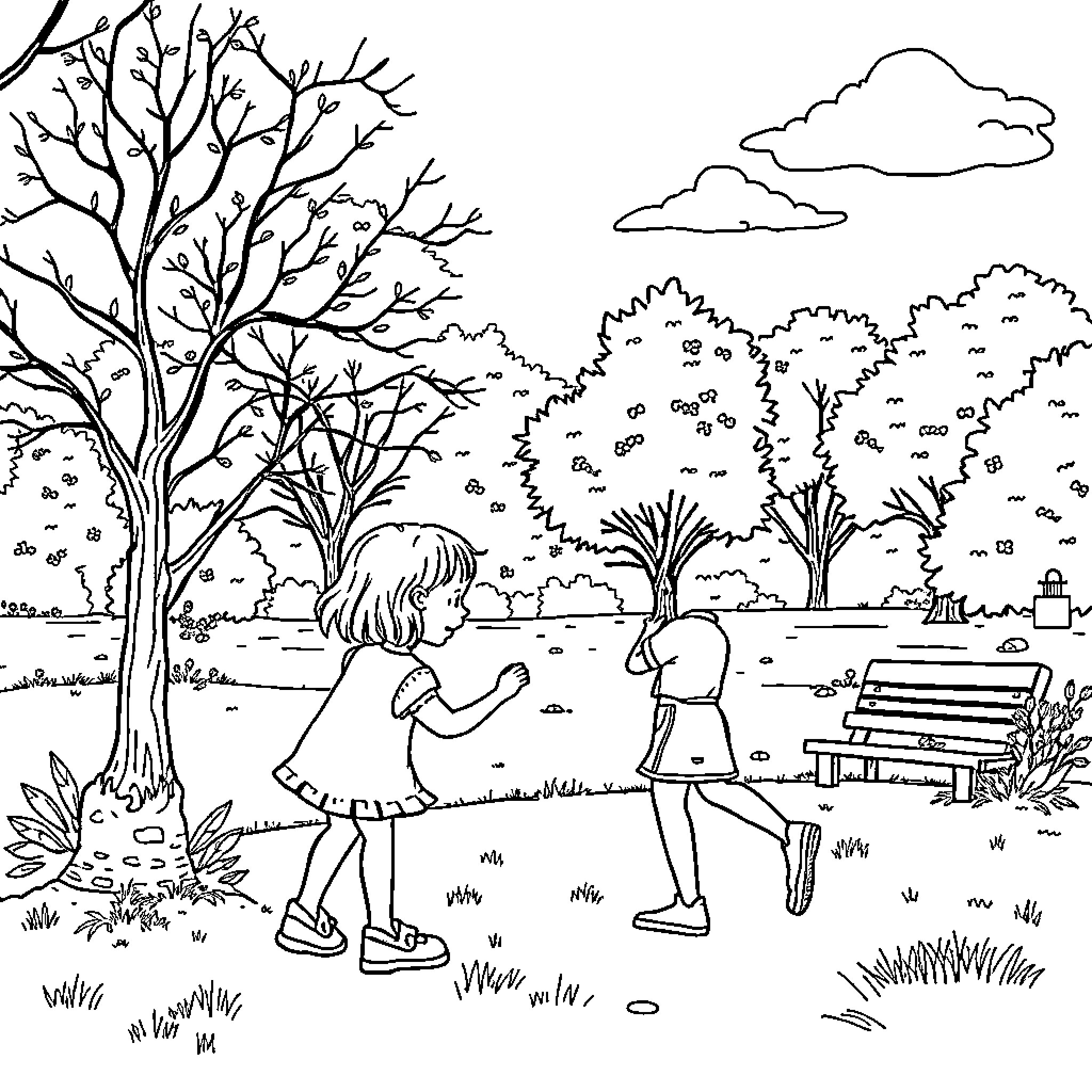 Memory of a peaceful stroll in nature Coloring Page (free black-and-white line drawing printable PDF for all, from beginners to advanced learners, including children, teens, adults, and seniors)