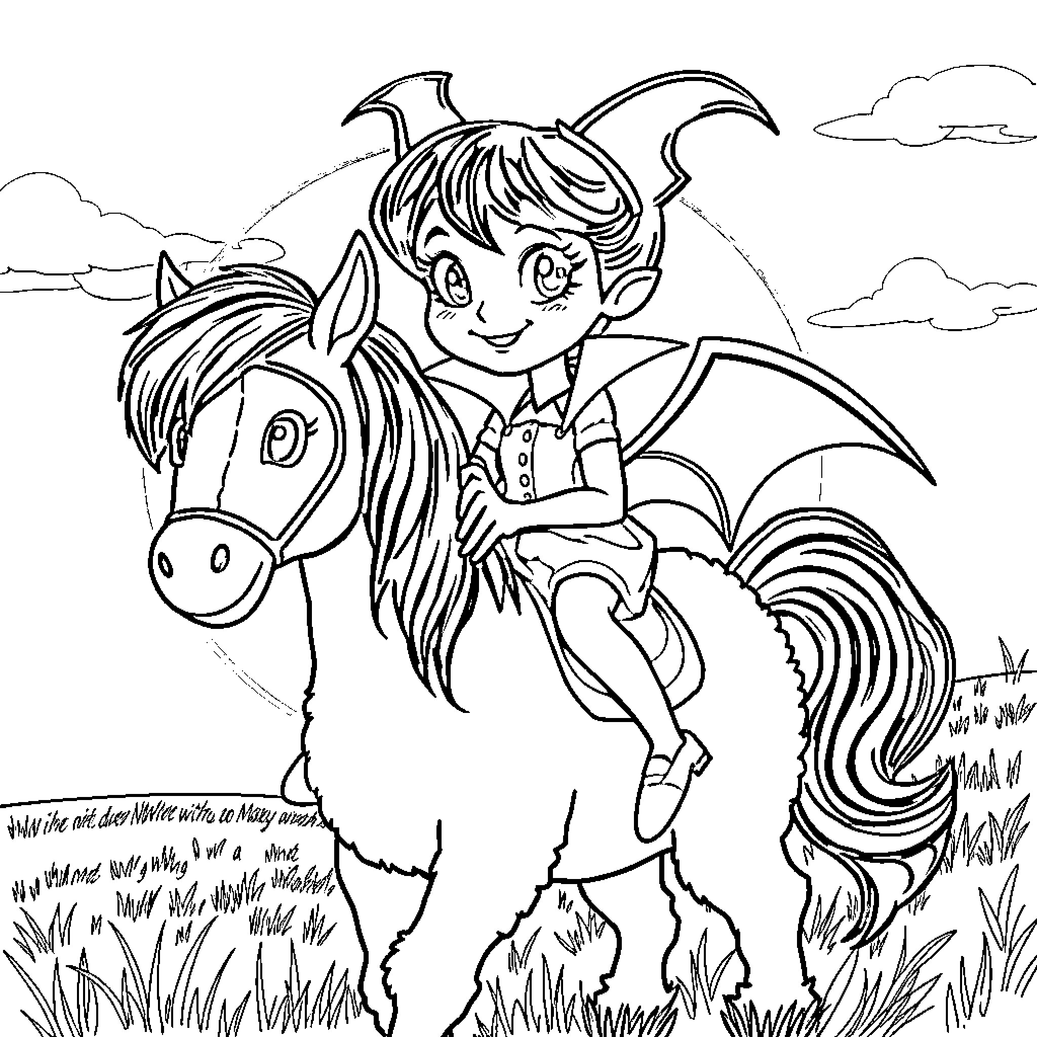 Mavis riding her winged horse through the meadow Coloring Page (free black-and-white line drawing printable PDF for all, from beginners to advanced learners, including children, teens, adults, and seniors)