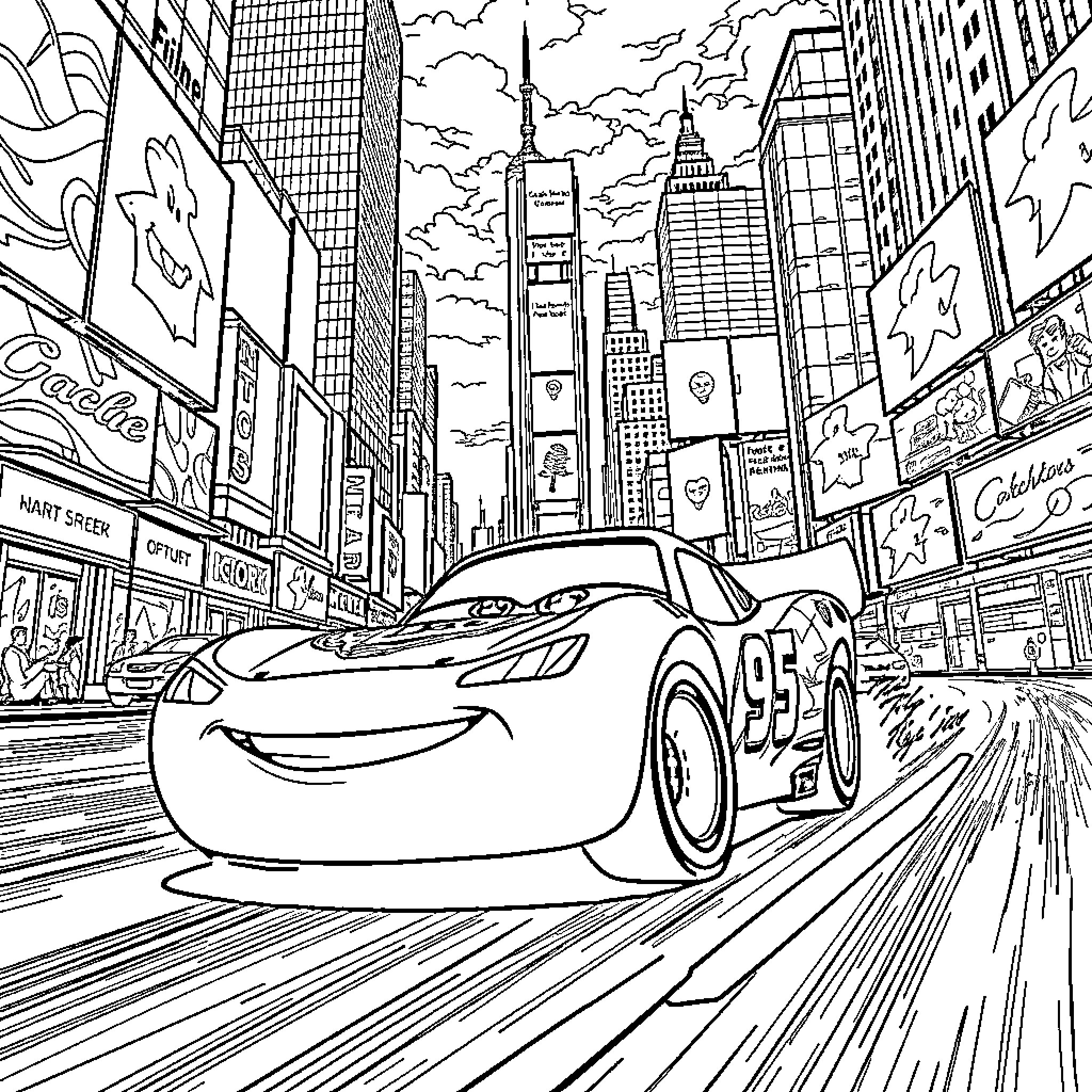 Lightning McQueen's Thrilling City Adventure Coloring Page (free black-and-white line drawing printable PDF for all, from beginners to advanced learners, including children, teens, adults, and seniors)