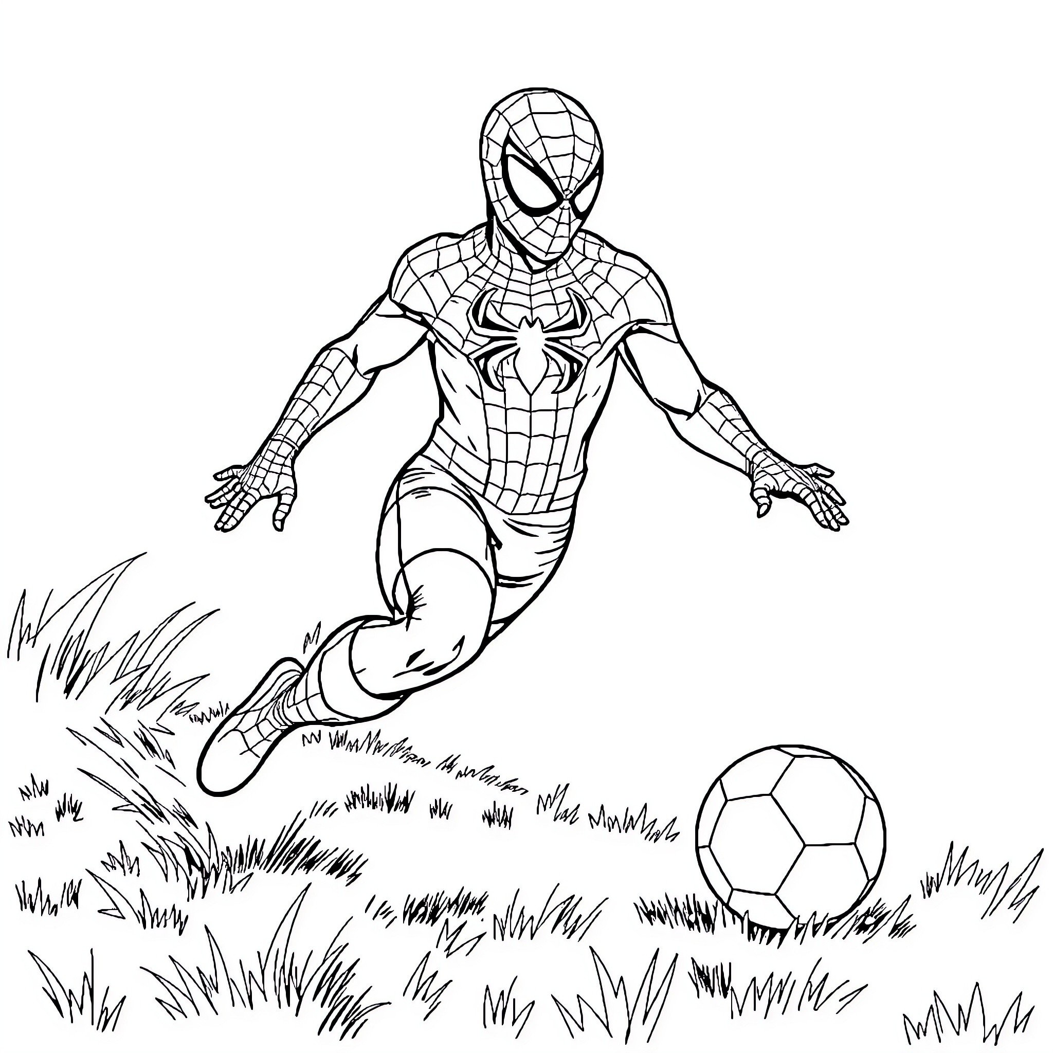 Spiderman playing with a soccer ball Coloring Page (free black-and-white line drawing printable PDF for all, from beginners to advanced learners, including children, teens, adults, and seniors)