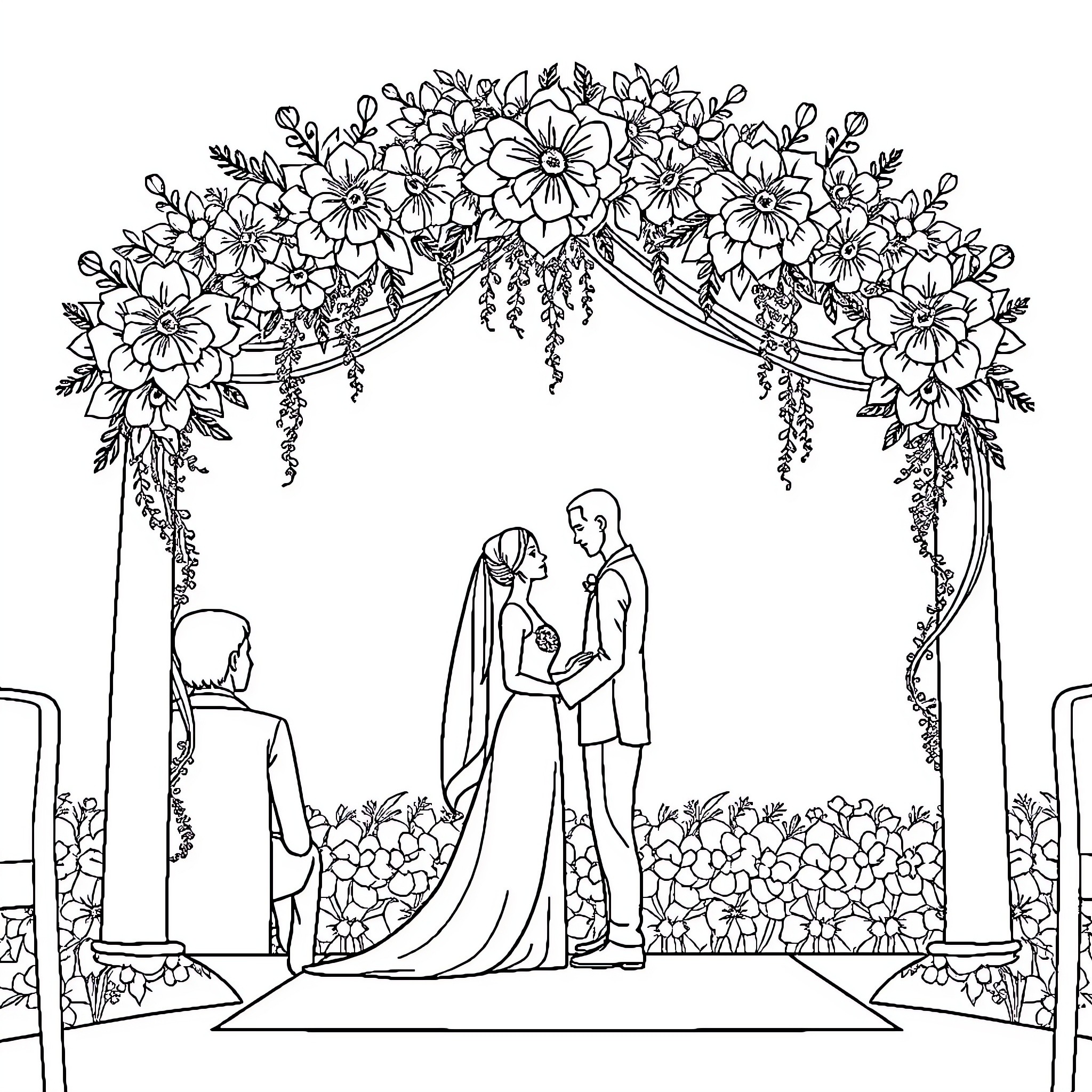 Wedding ceremony beneath a floral arch Coloring Page (free black-and-white line drawing printable PDF for all, from beginners to advanced learners, including children, teens, adults, and seniors)