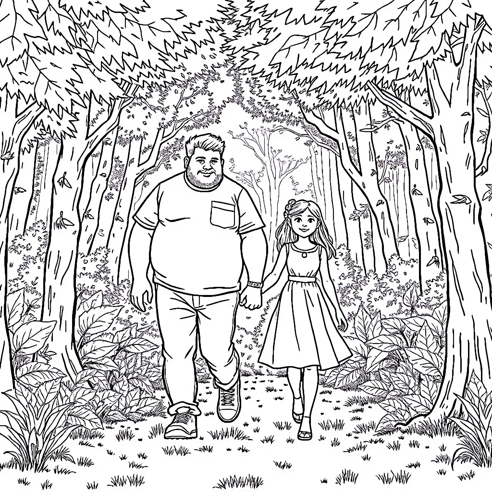 Couple walking together in the forest Coloring Page (free black-and-white line drawing printable PDF for all, from beginners to advanced learners, including children, teens, adults, and seniors)