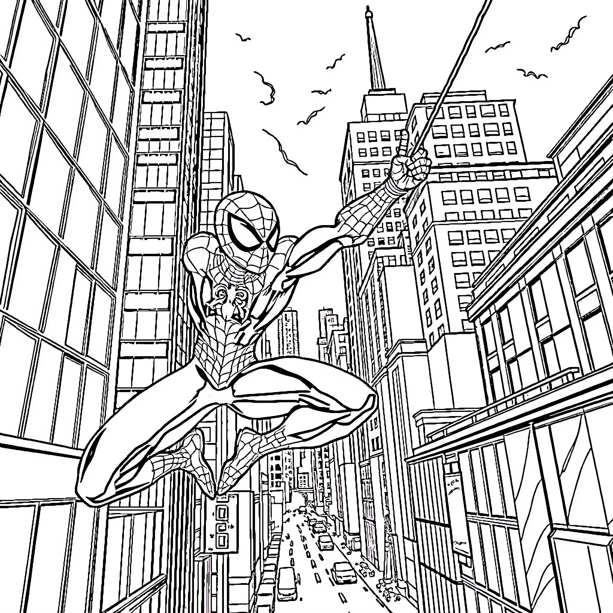 Spider-Man swinging through the city skyline Coloring Page (free black-and-white line drawing printable PDF for all, from beginners to advanced learners, including children, teens, adults, and seniors)