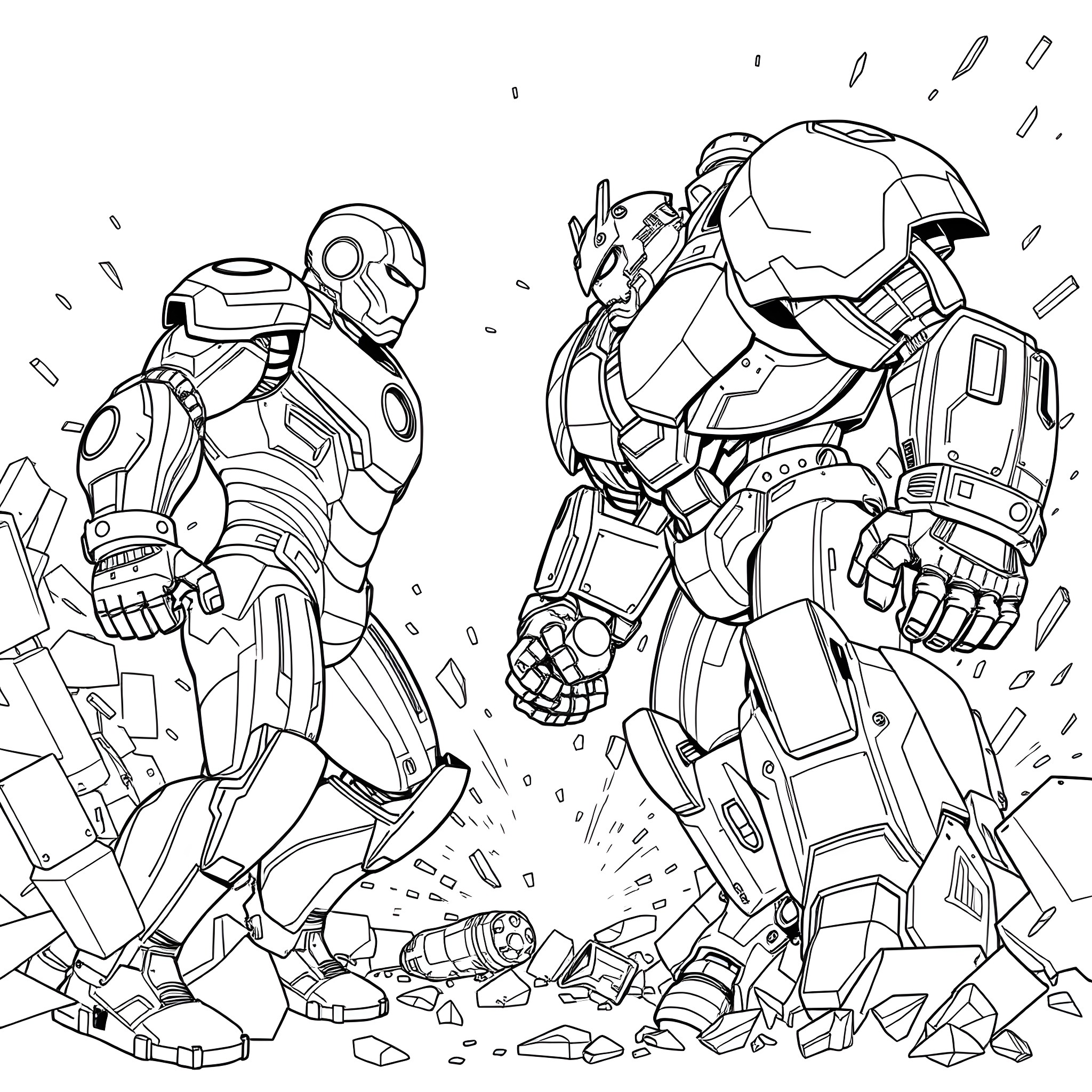 Ironman Robots Battling in Destruction Coloring Page (free black-and-white line drawing printable PDF for all, from beginners to advanced learners, including children, teens, adults, and seniors)