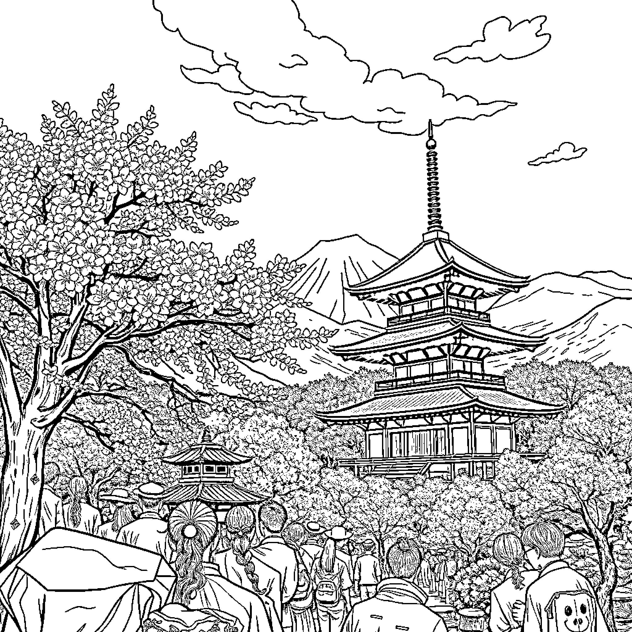 Japan's Cherry Blossom Festival with Traditional Architecture Coloring Page (free black-and-white line drawing printable PDF for all, from beginners to advanced learners, including children, teens, adults, and seniors)