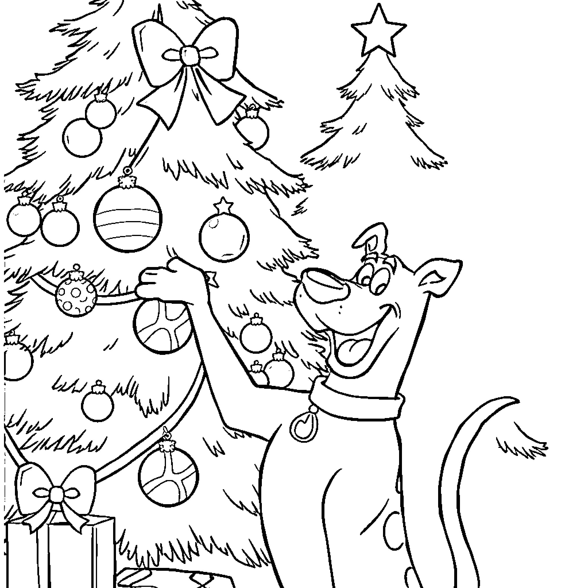 Scooby Doo decorating the Christmas tree with ornaments Coloring Page (free black-and-white line drawing printable PDF for all, from beginners to advanced learners, including children, teens, adults, and seniors)