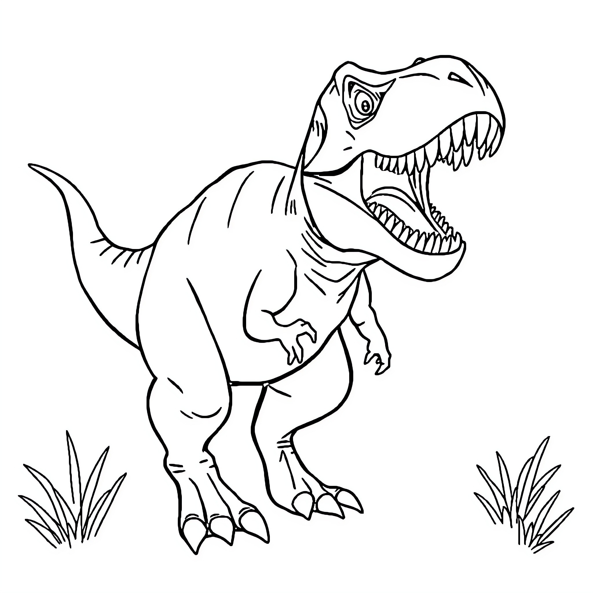 T-Rex roaring aggressively in the wilderness Coloring Page (free black-and-white line drawing printable PDF for all, from beginners to advanced learners, including children, teens, adults, and seniors)