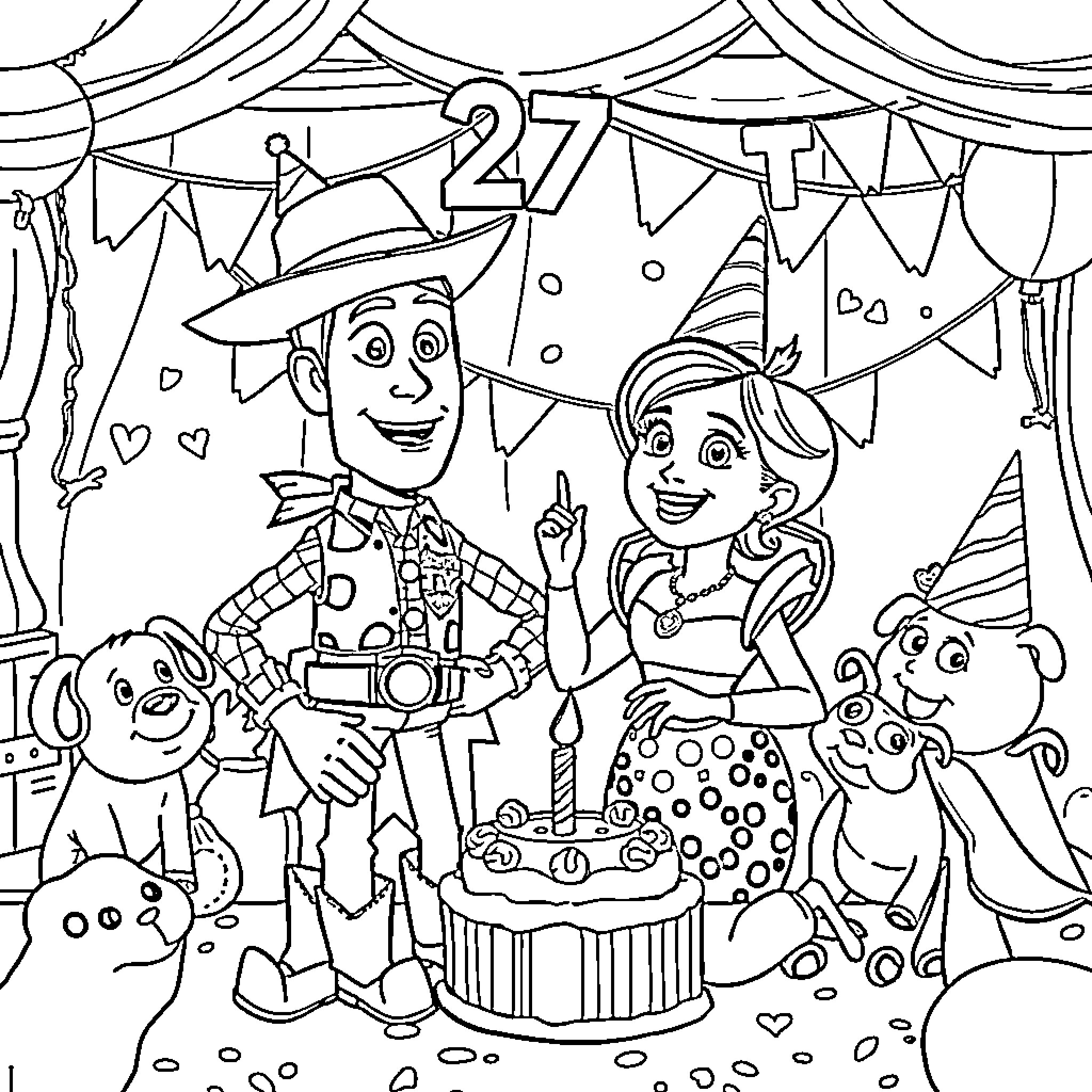 Woody's birthday party with friends Coloring Page (free black-and-white line drawing printable PDF for all, from beginners to advanced learners, including children, teens, adults, and seniors)