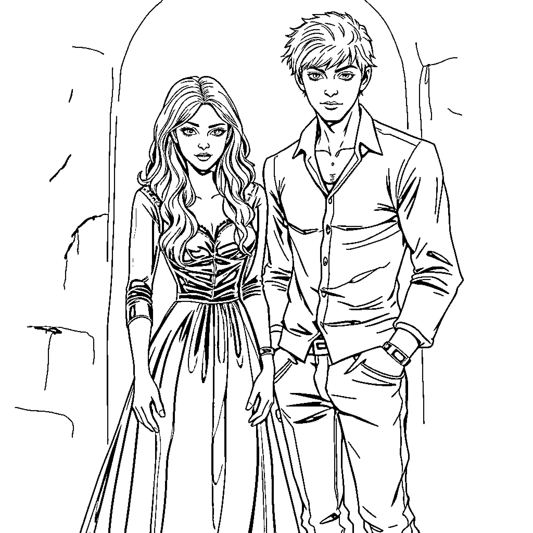 Katerine's Formal Attire Outing with Companion Coloring Page (free black-and-white line drawing printable PDF for all, from beginners to advanced learners, including children, teens, adults, and seniors)