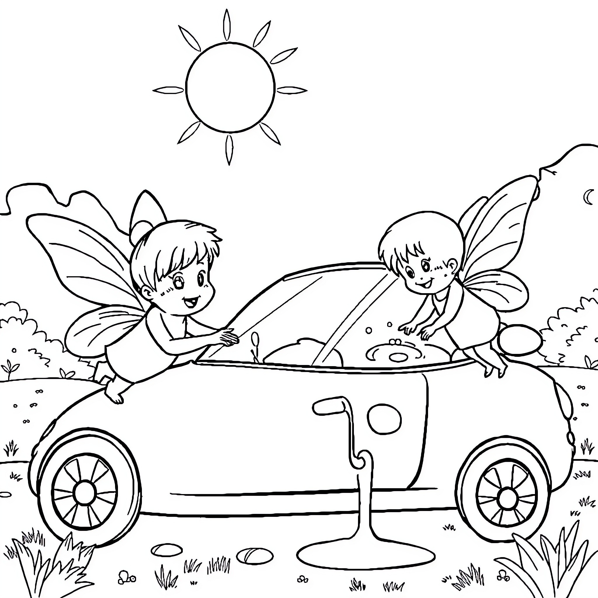 Fairy friends ride in convertible car Coloring Page (free black-and-white line drawing printable PDF for all, from beginners to advanced learners, including children, teens, adults, and seniors)