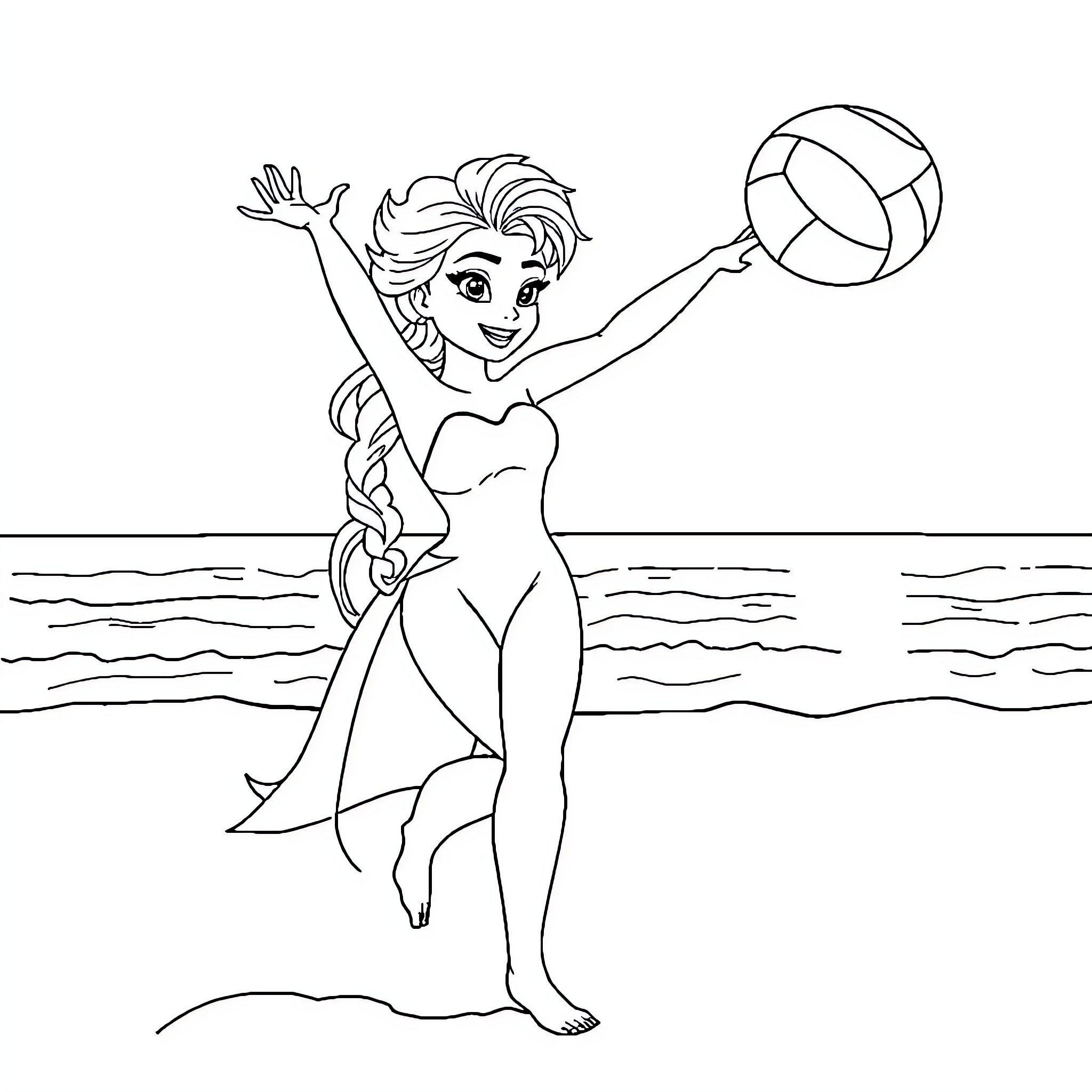 Princess Elsa playing with a beach ball in the water Coloring Page (free black-and-white line drawing printable PDF for all, from beginners to advanced learners, including children, teens, adults, and seniors)