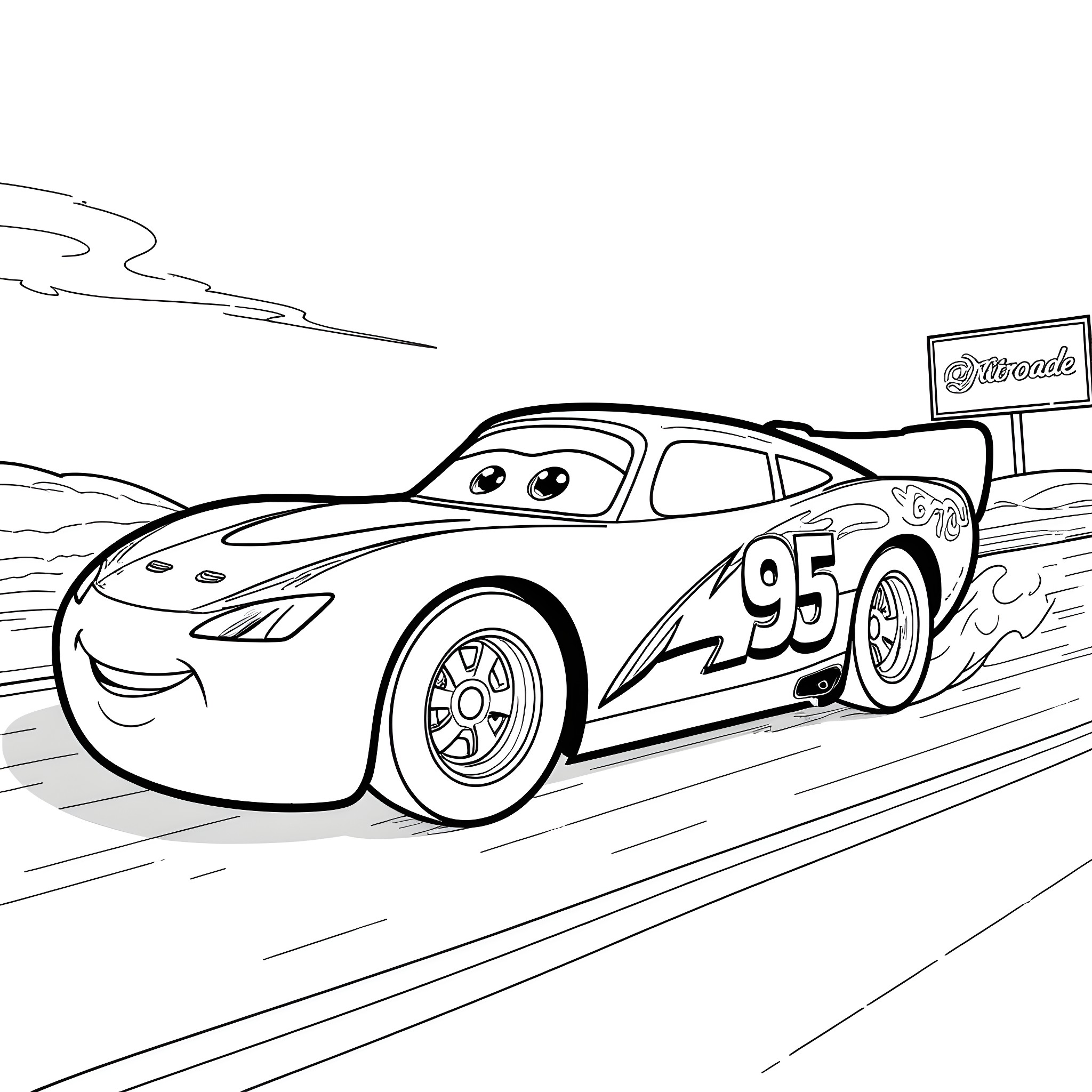 McQueen's Racetrack Adventure Coloring Page (free black-and-white line drawing printable PDF for all, from beginners to advanced learners, including children, teens, adults, and seniors)