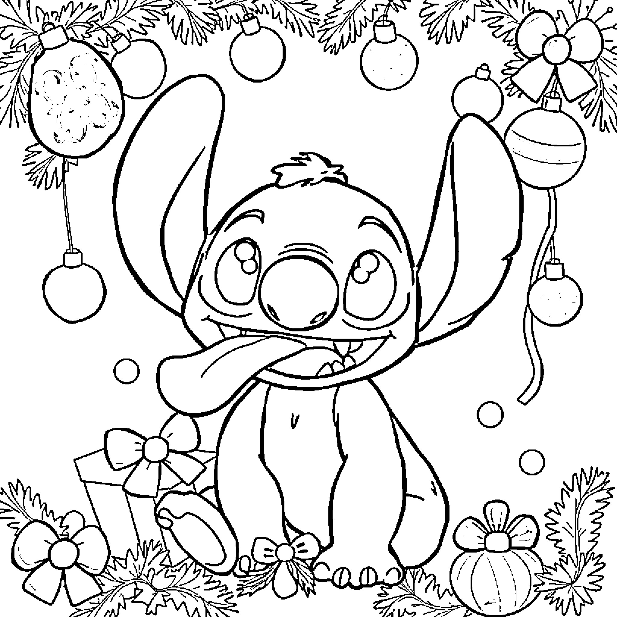 Stitch surrounded by Christmas ornaments and flowers Coloring Page (free black-and-white line drawing printable PDF for all, from beginners to advanced learners, including children, teens, adults, and seniors)