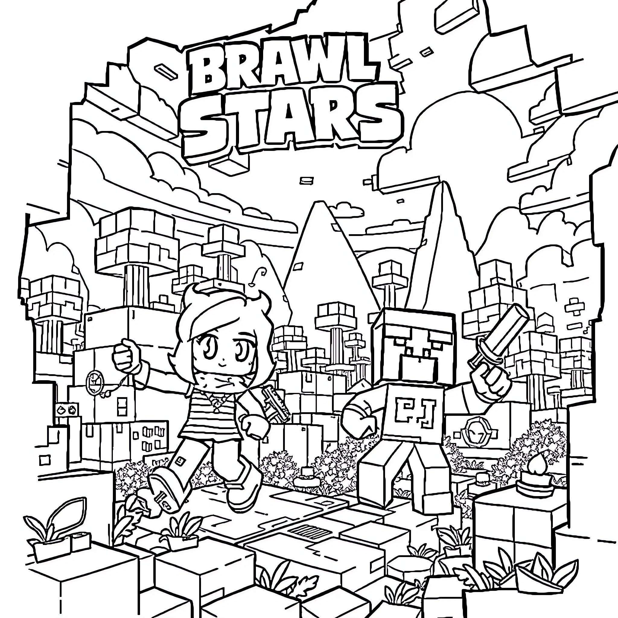Brawl Stars: Animated Adventure in the Cityscape Coloring Page (free black-and-white line drawing printable PDF for all, from beginners to advanced learners, including children, teens, adults, and seniors)