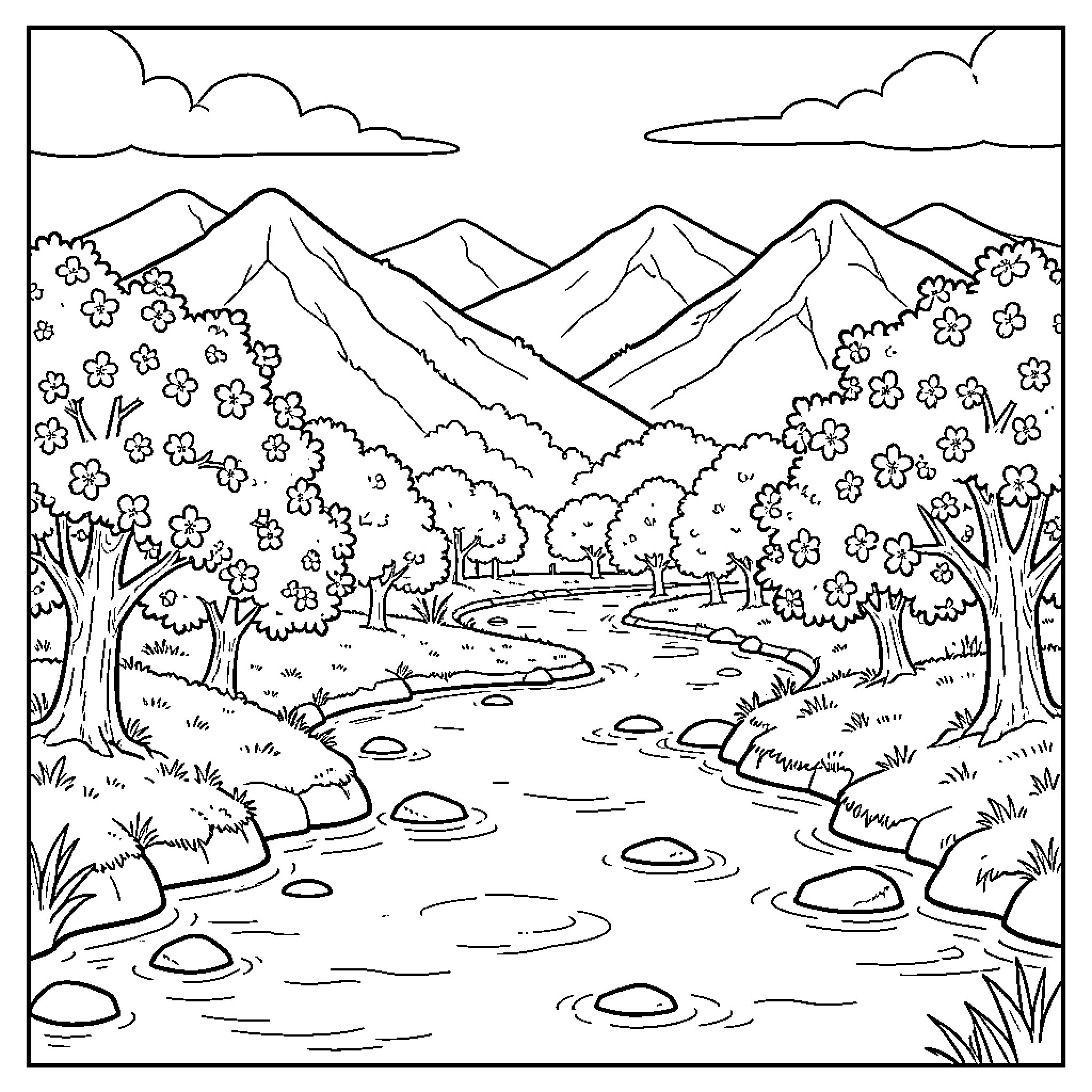 Japanese Landscape with Serene River and Flowering Trees Coloring Page (free black-and-white line drawing printable PDF for all, from beginners to advanced learners, including children, teens, adults, and seniors)