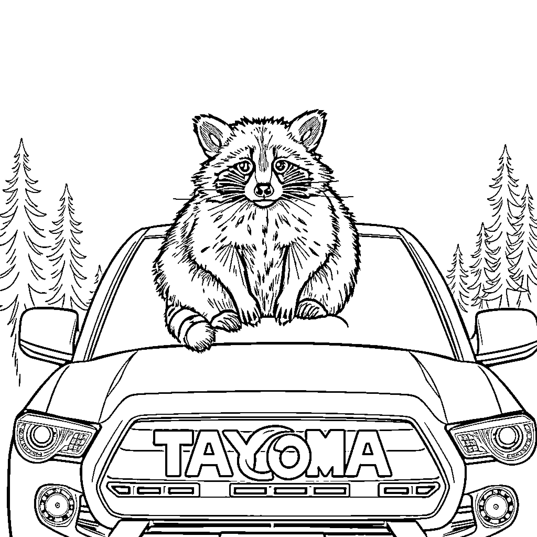 Raccoon sitting on the roof of a Tacoma truck Coloring Page (free black-and-white line drawing printable PDF for all, from beginners to advanced learners, including children, teens, adults, and seniors)