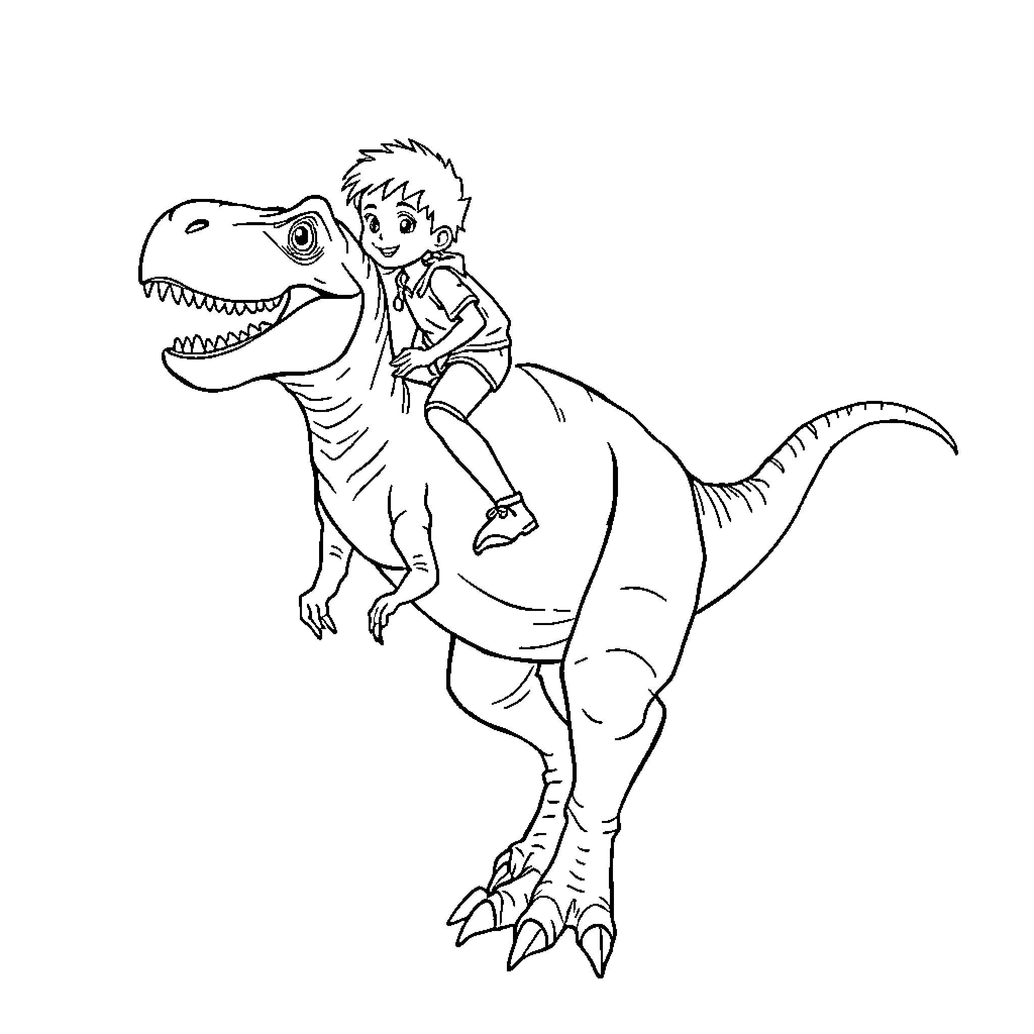 Boy riding a dinosaur in adventure Coloring Page (free black-and-white line drawing printable PDF for all, from beginners to advanced learners, including children, teens, adults, and seniors)