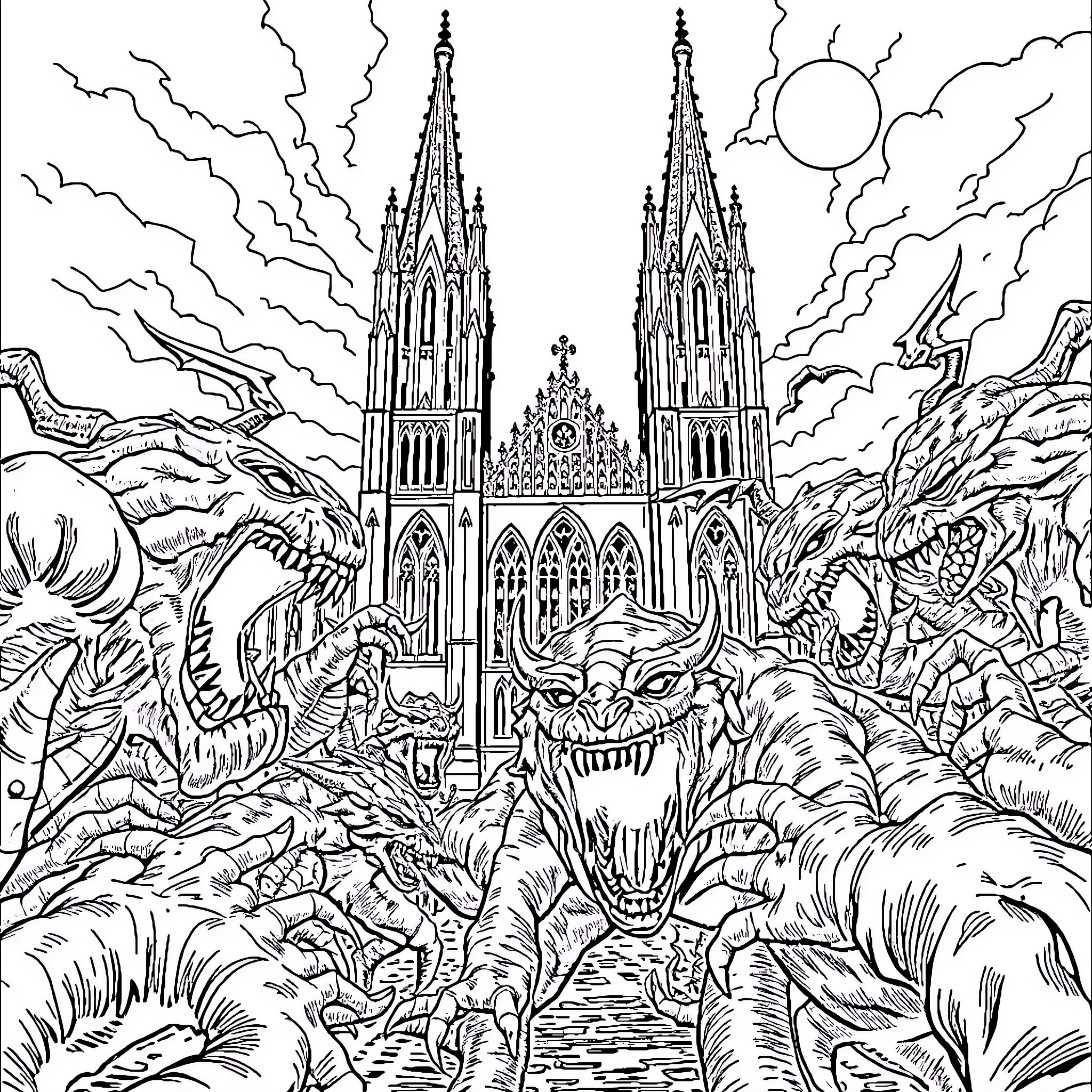 Cathedral with fantastical creatures and foliage Coloring Page (free black-and-white line drawing printable PDF for all, from beginners to advanced learners, including children, teens, adults, and seniors)