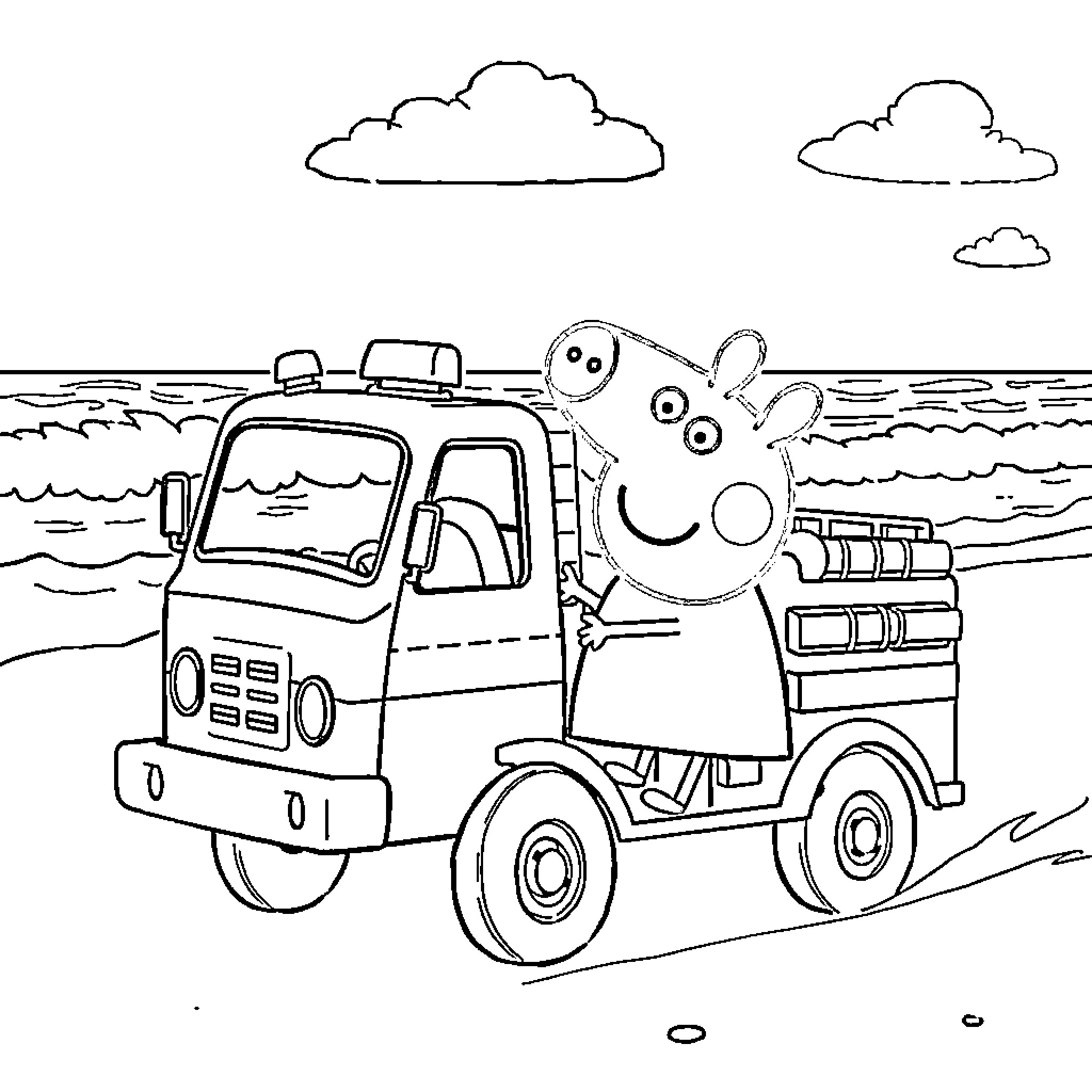 Peppa Pig driving a tow truck on the beach Coloring Page (free black-and-white line drawing printable PDF for all, from beginners to advanced learners, including children, teens, adults, and seniors)