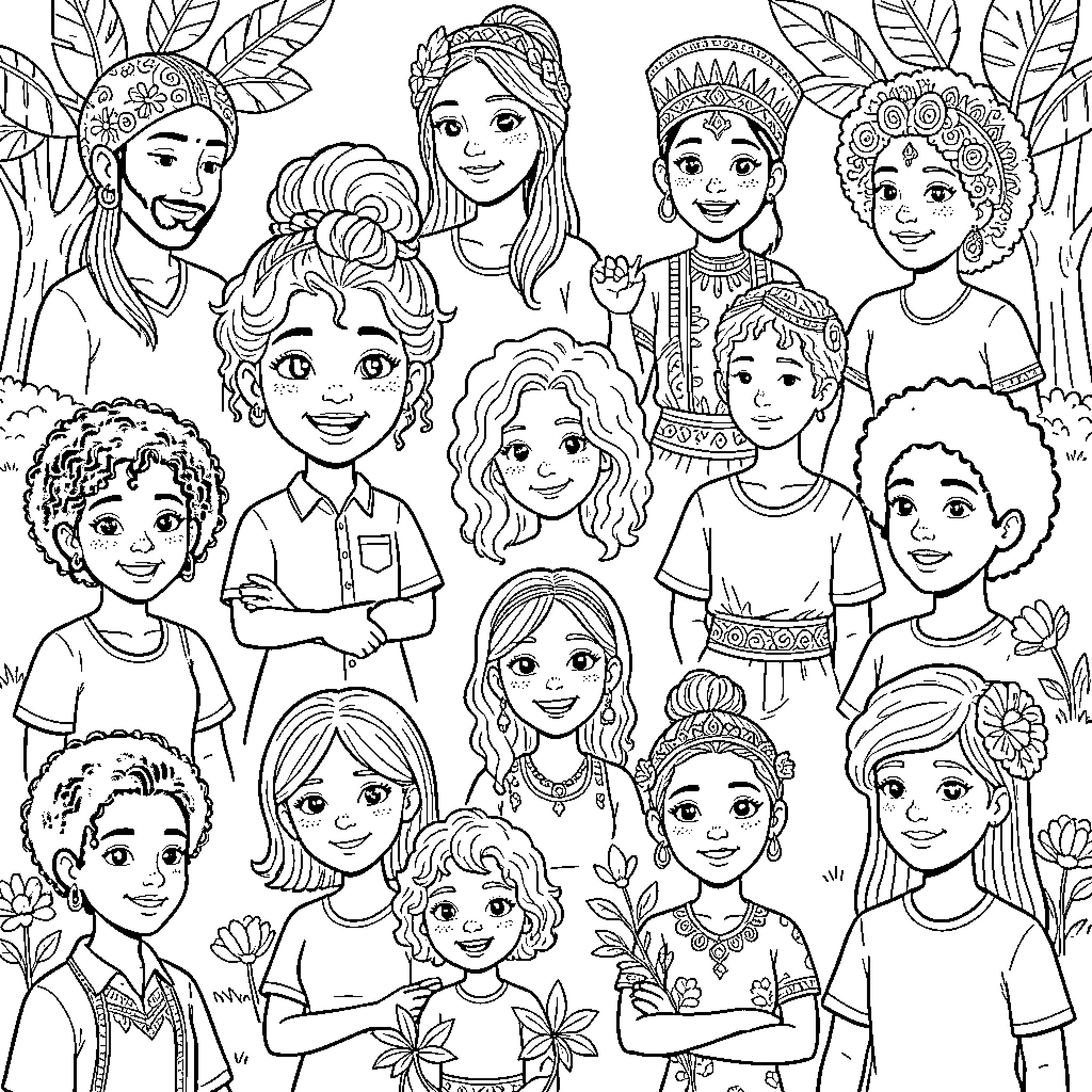 Ethnic Diversity: Vibrant Expressions and Cultural Attire Coloring Page (free black-and-white line drawing printable PDF for all, from beginners to advanced learners, including children, teens, adults, and seniors)