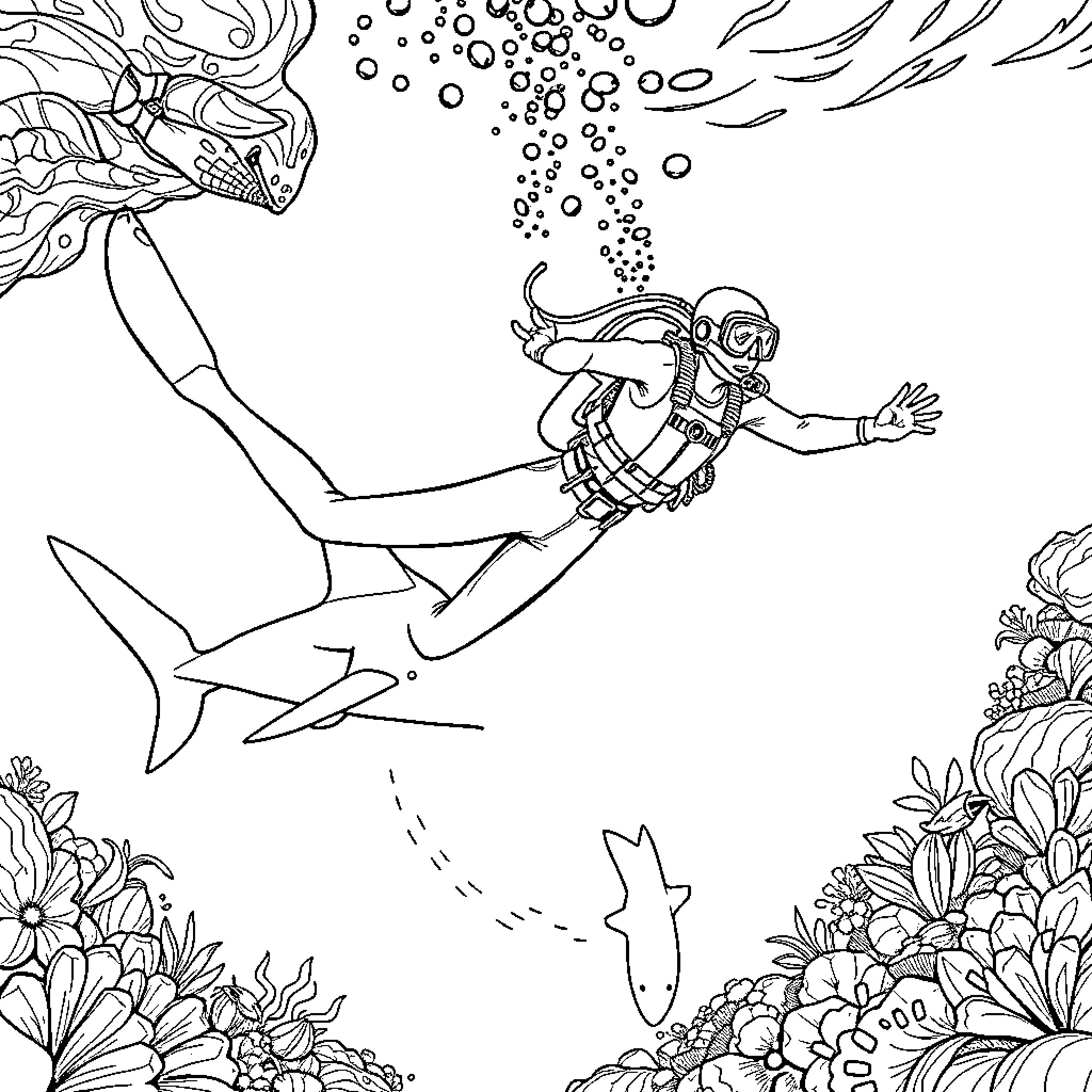 Scuba Diver exploring underwater marine life Coloring Page (free black-and-white line drawing printable PDF for all, from beginners to advanced learners, including children, teens, adults, and seniors)
